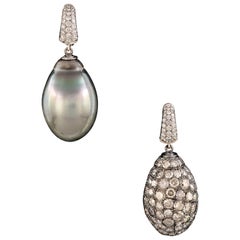 Tahiti Pearl of 42.48 Carat and Mirror Image with Diamonds 11.21 Carat Earrings