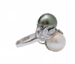 Tahiti Pearl, White Pearl, Diamonds, Platinum Ring.