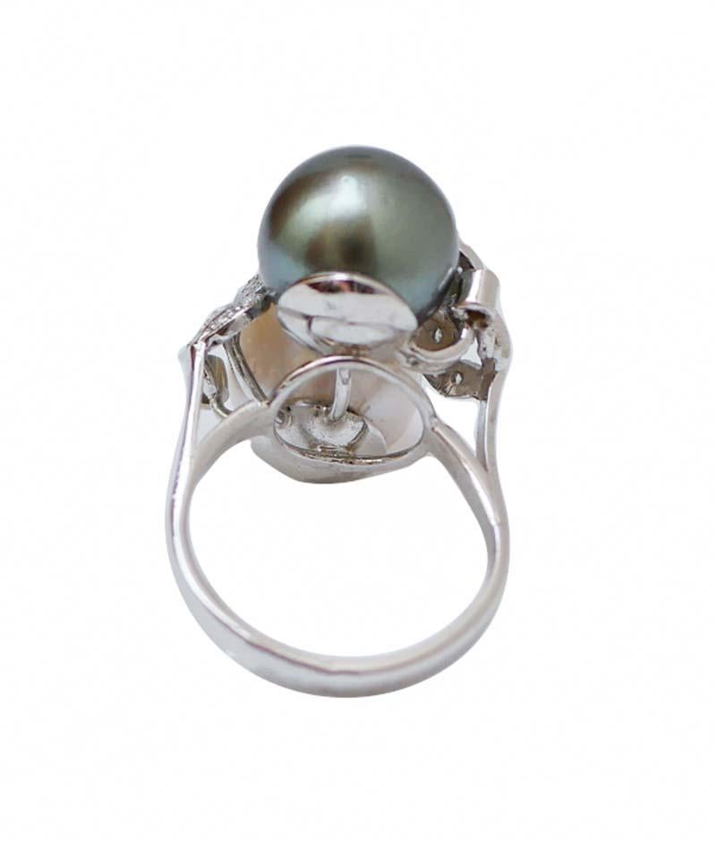 Retro Tahiti Pearl, White Pearl, Diamonds, Platinum Ring.