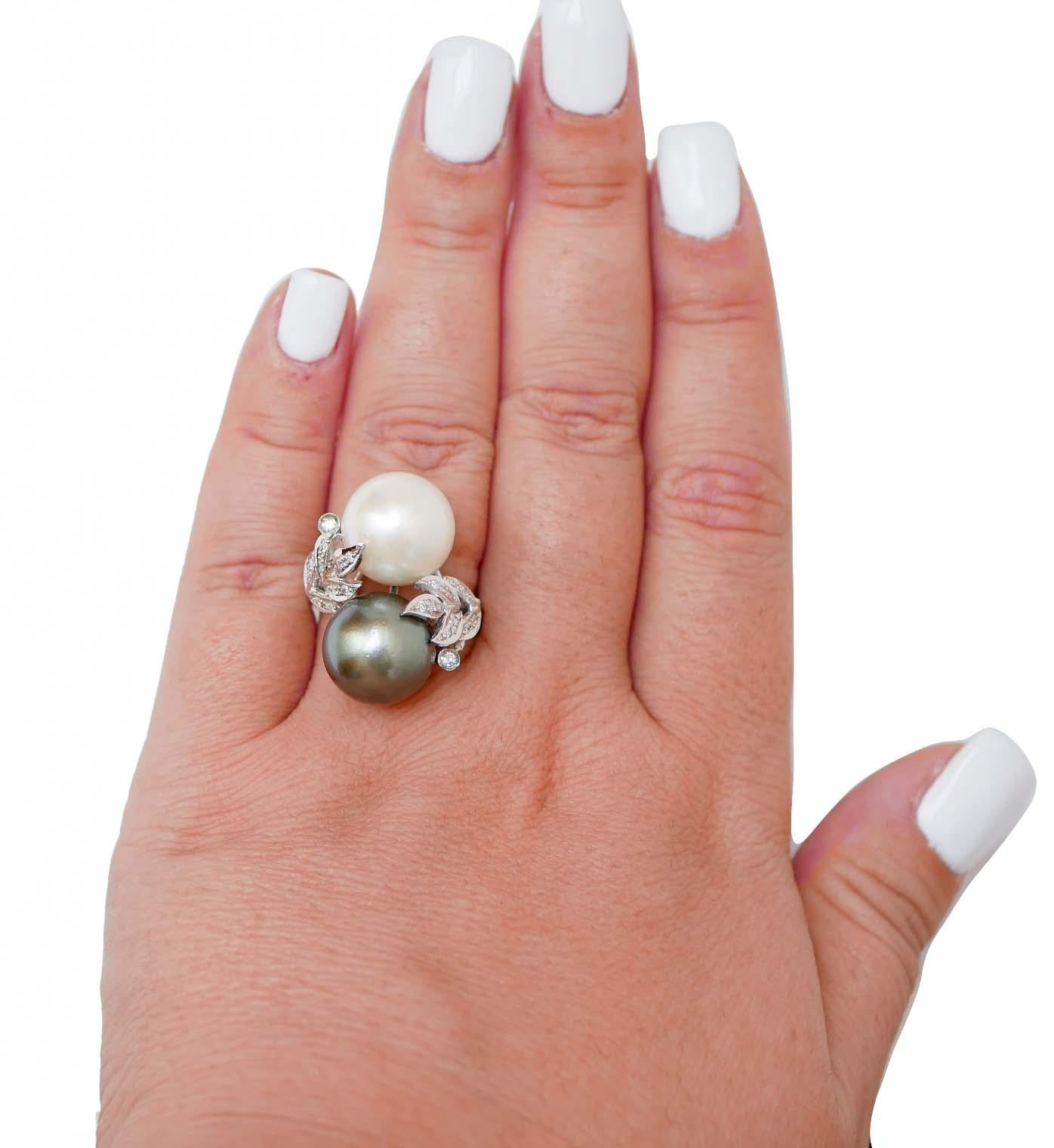 Mixed Cut Tahiti Pearl, White Pearl, Diamonds, Platinum Ring.