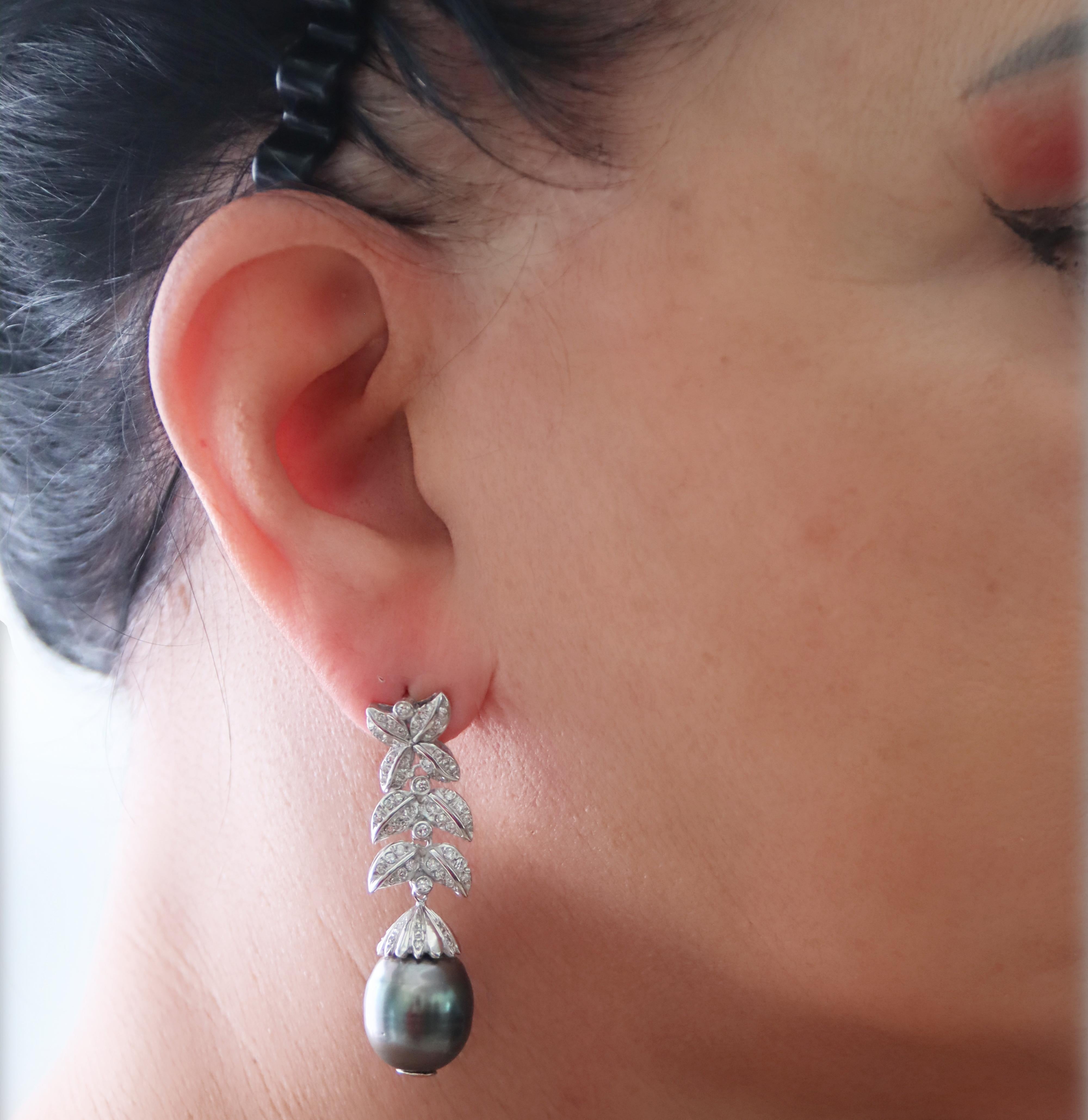 Women's Tahiti Pearls 18 Karat White Gold Diamonds Drop Earrings For Sale