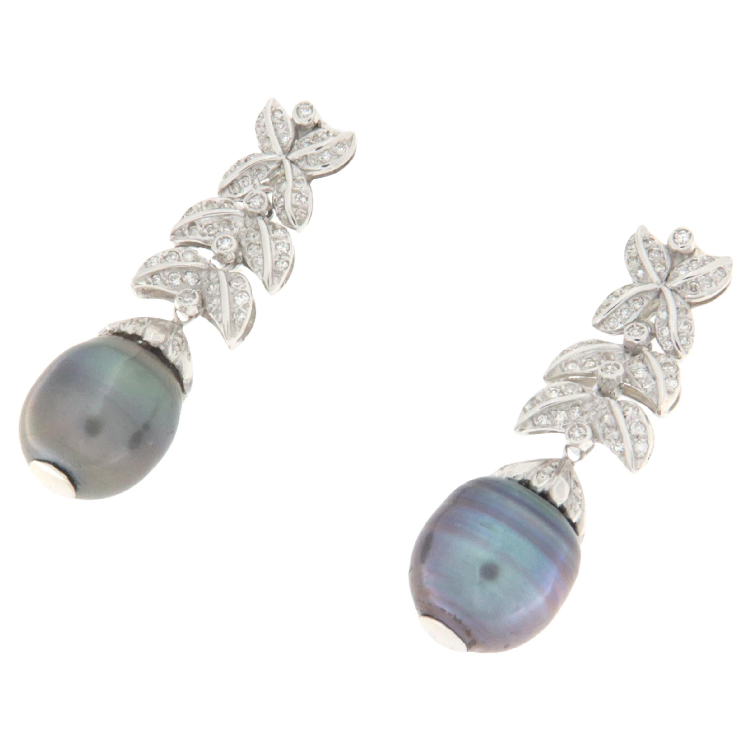 Tahiti Pearls 18 Karat White Gold Diamonds Drop Earrings For Sale
