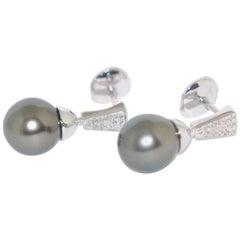 Tahiti Pearls and White Diamonds on White Gold 18 Karat Drop Earrings