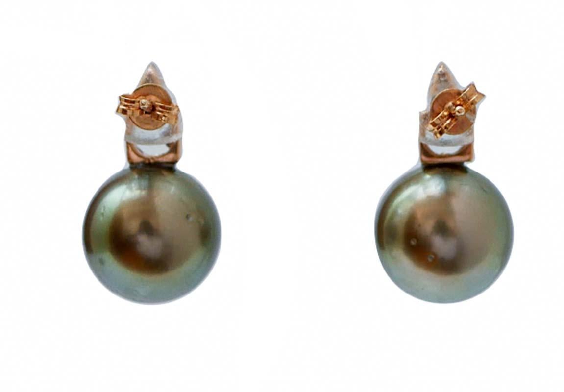 Rétro Orecchini con perle di Tahiti, acquamarina, diamanti, oro rosa 14 carati e oro bianco. in vendita