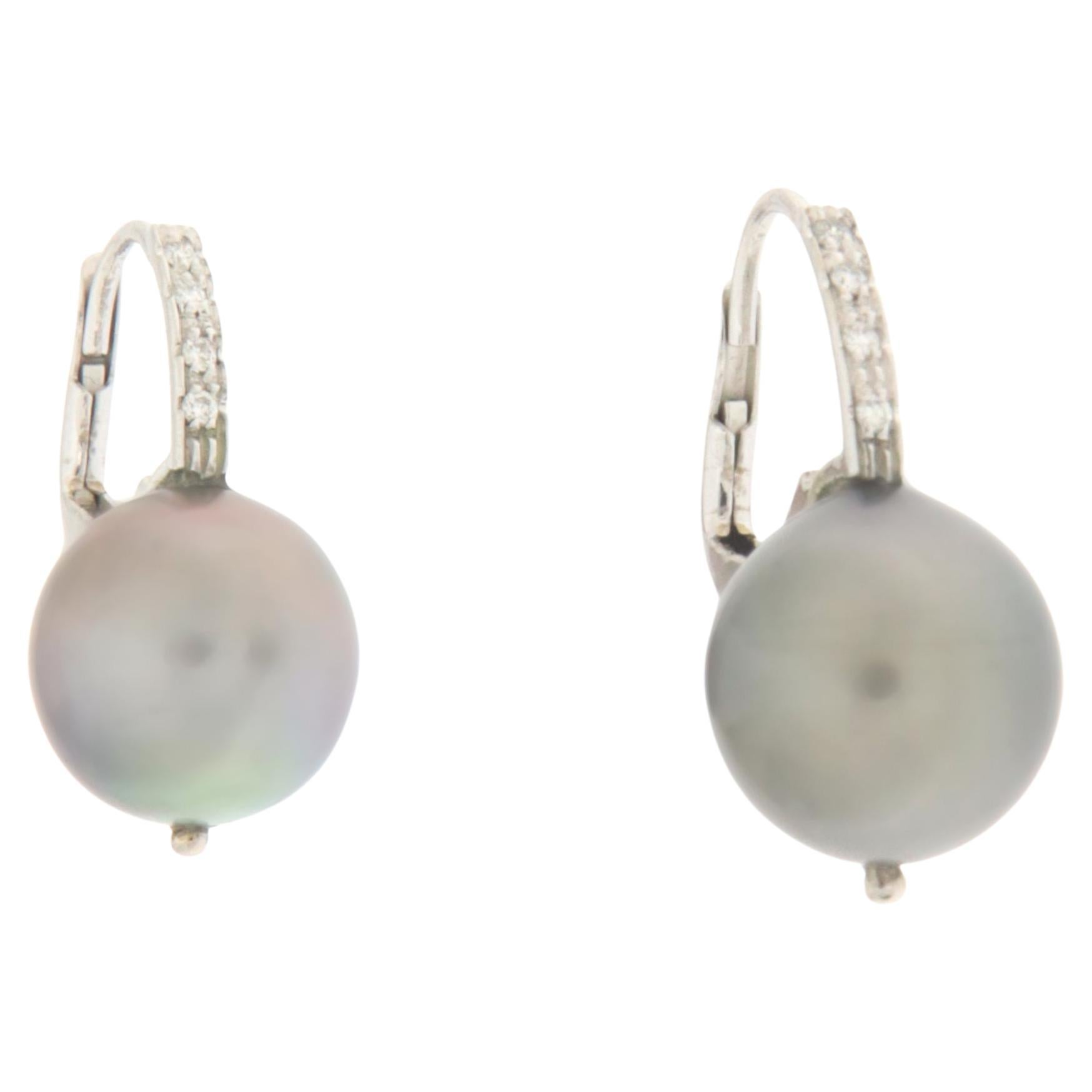 Tahiti Pearls Diamonds 18 Karat White Gold Drop Earrings For Sale