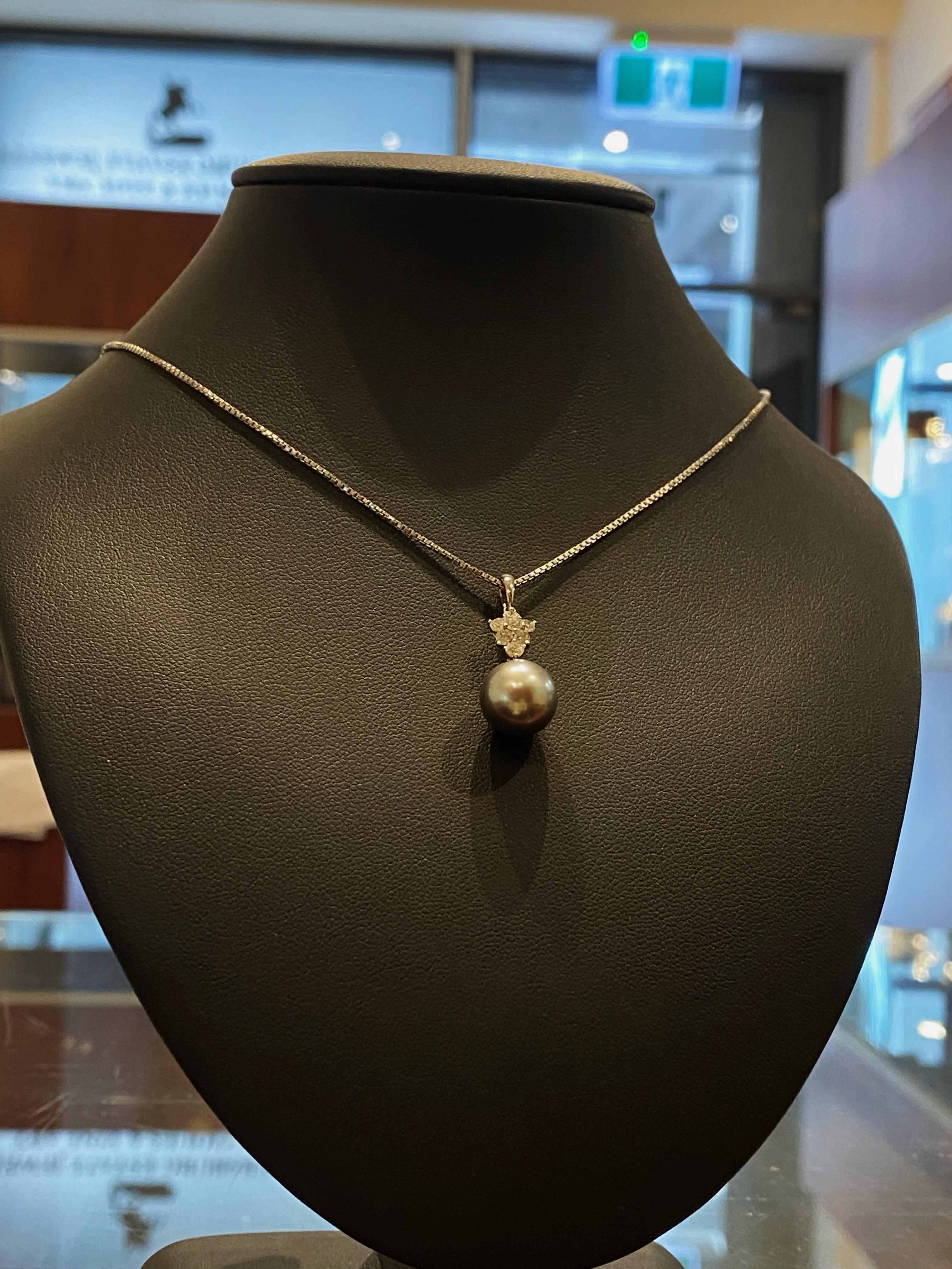 Modern Tahitian 10.5mm Pearl & 0.90ct Diamond Pendant on 18K White Gold 43cm Chain For Sale