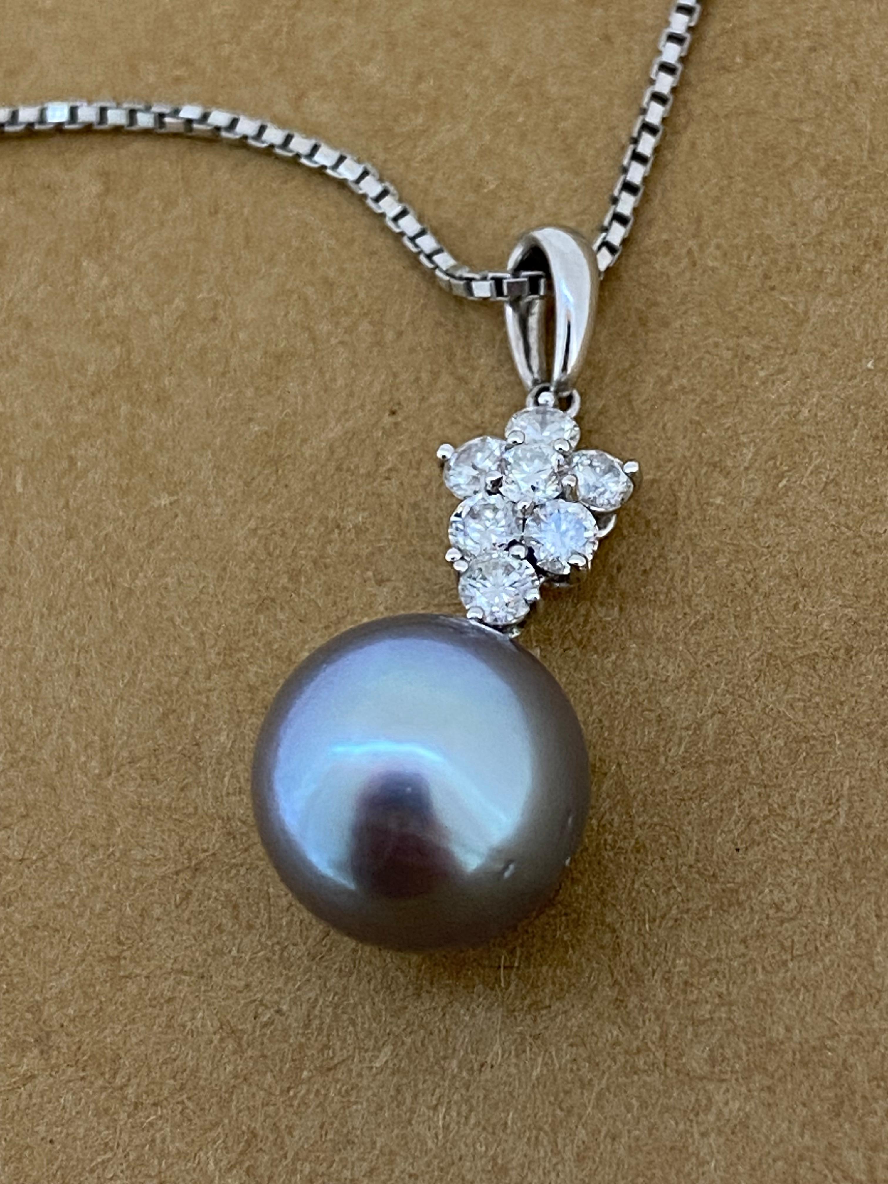 Women's Tahitian 10.5mm Pearl & 0.90ct Diamond Pendant on 18K White Gold 43cm Chain For Sale