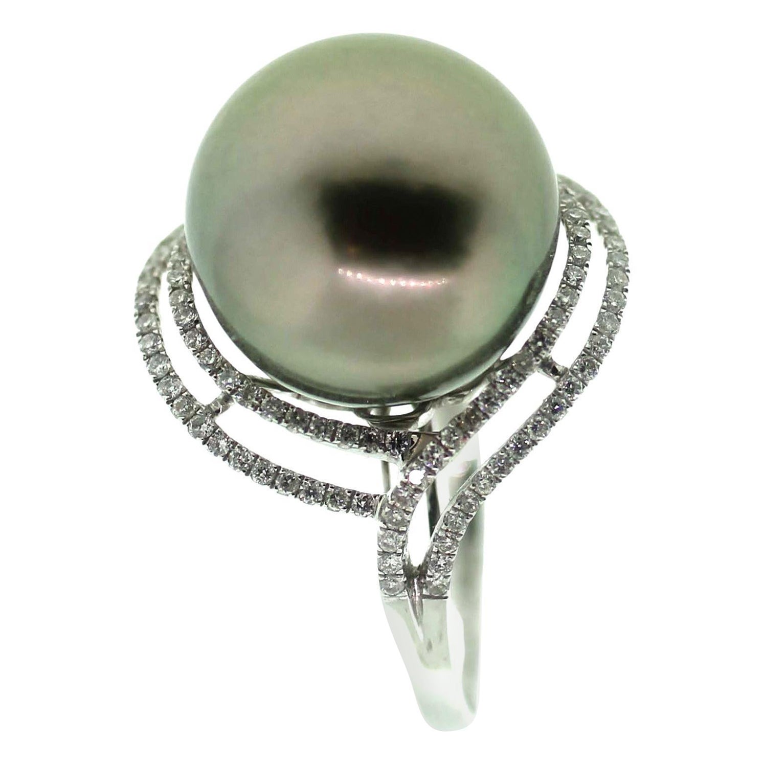 Tahiti-Ring aus 18 Karat Gold mit 15,3 mm schwarzen Tahiti-Perlen und Diamanten