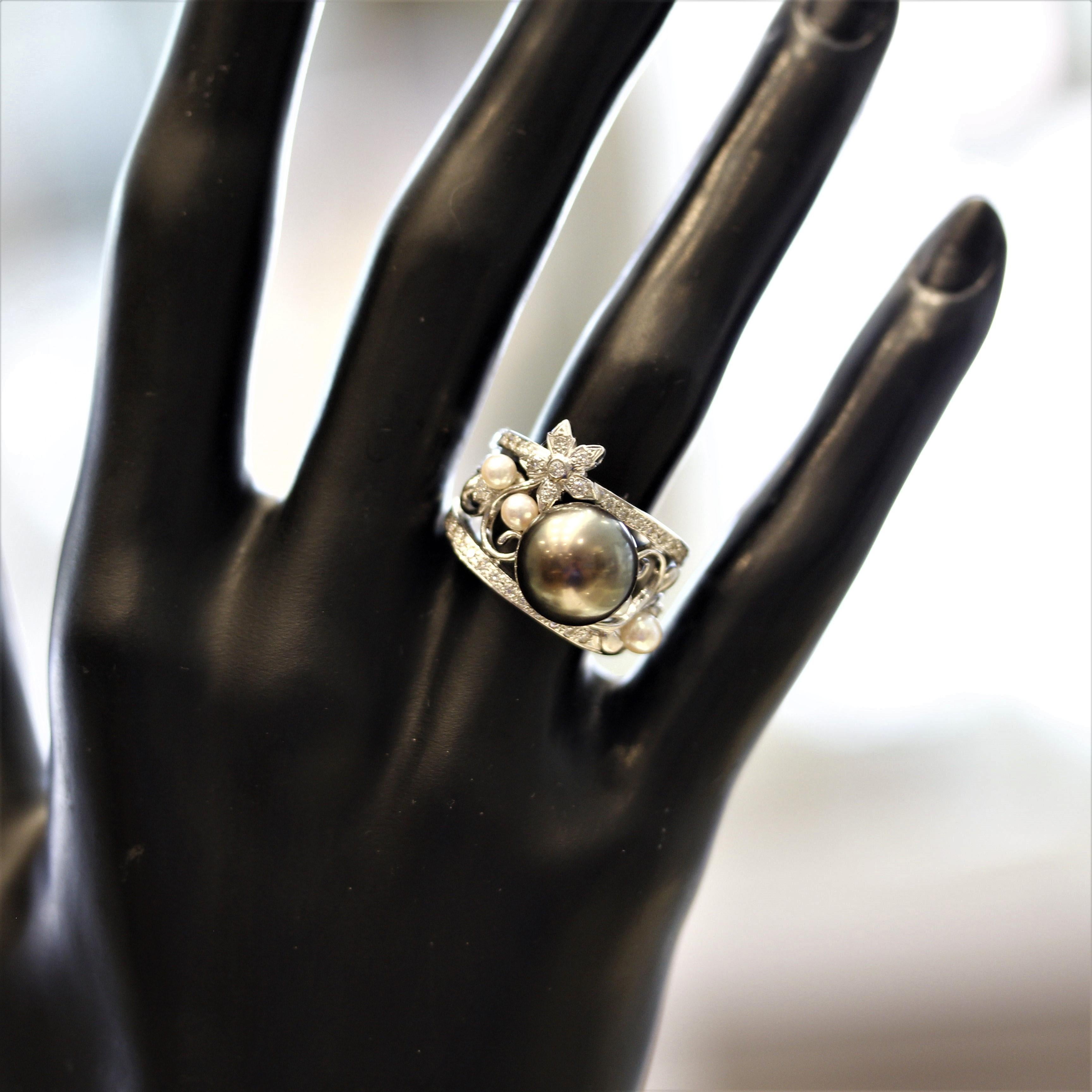 Tahitian & Akoya Pearl Diamond Gold Ring For Sale 1