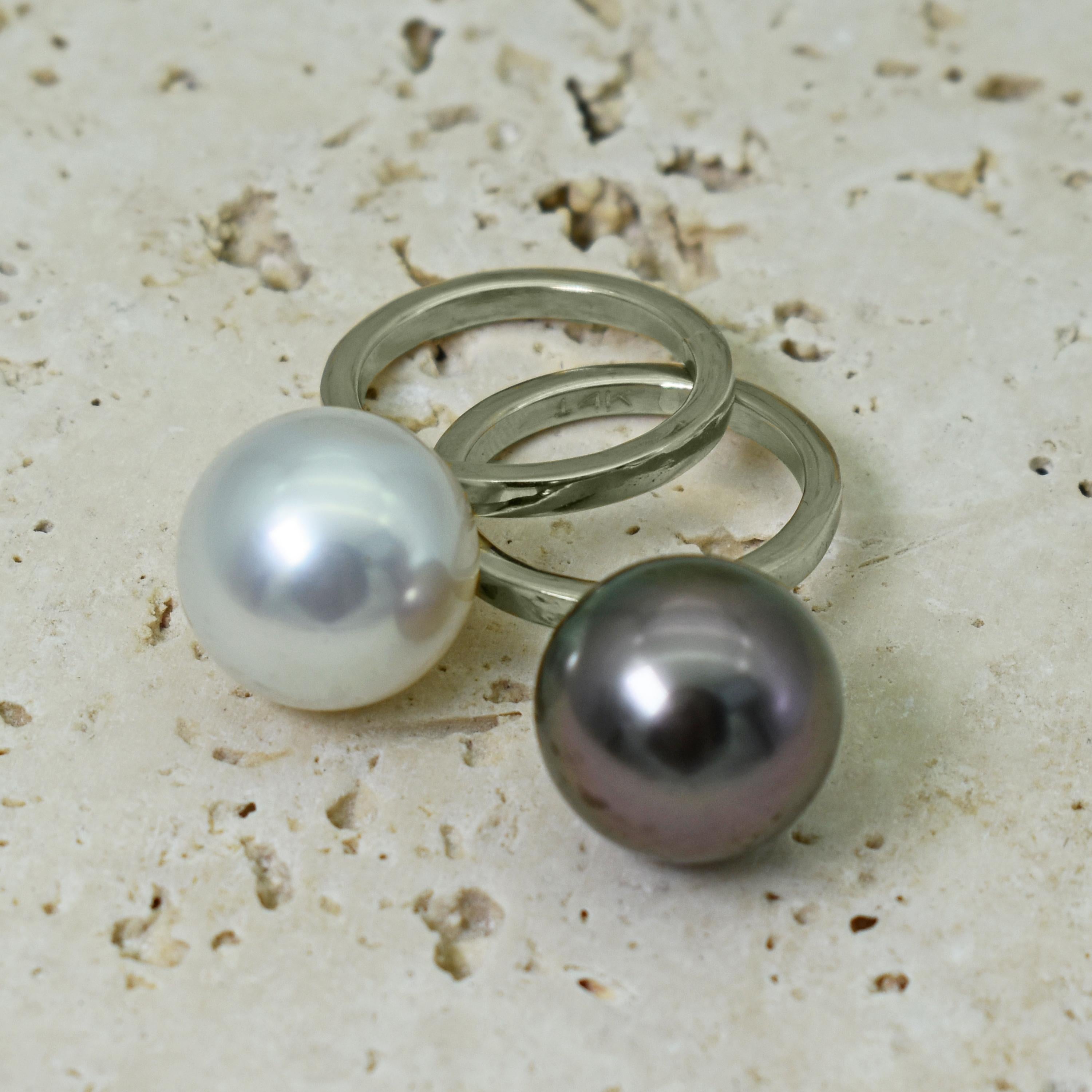 Round 15mm Tahitian and 15mm white Freshwater Pearl 14k white gold stackable rings. Rings are size 6. Can be worn individually or stacked with your other rings.