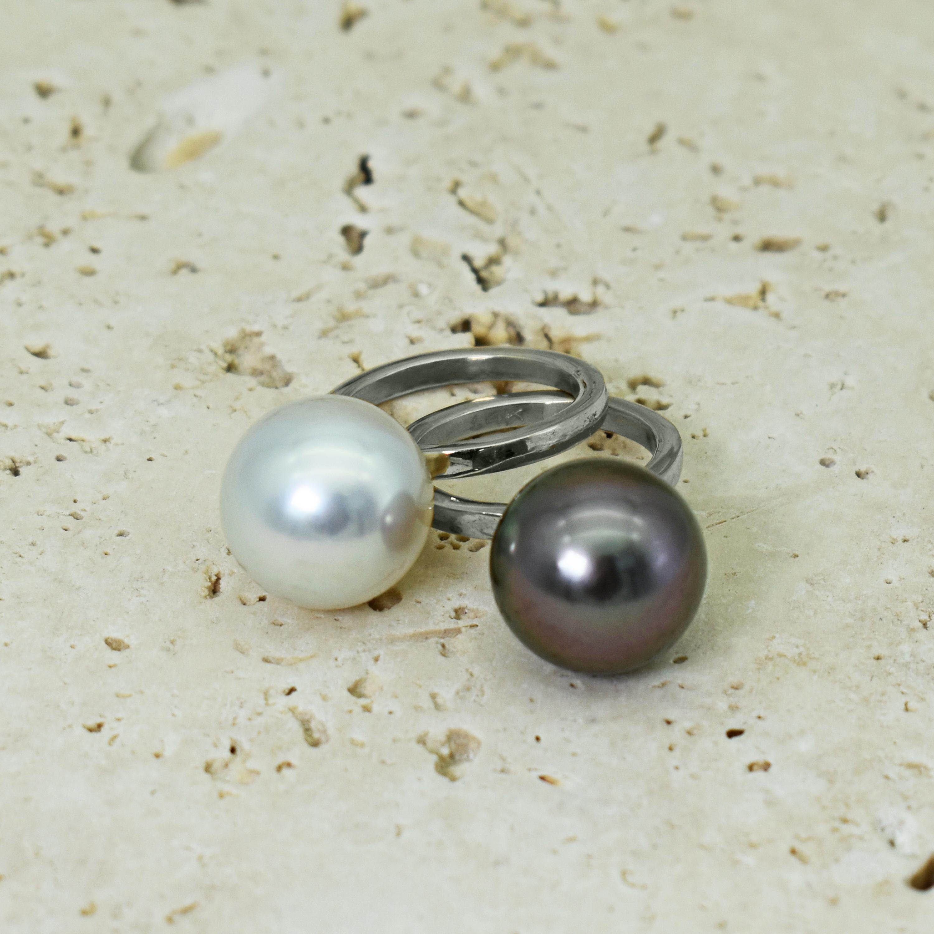 Tahitian and Freshwater Pearl 14 Karat White Gold Stacking Fashion Rings In New Condition For Sale In Naples, FL