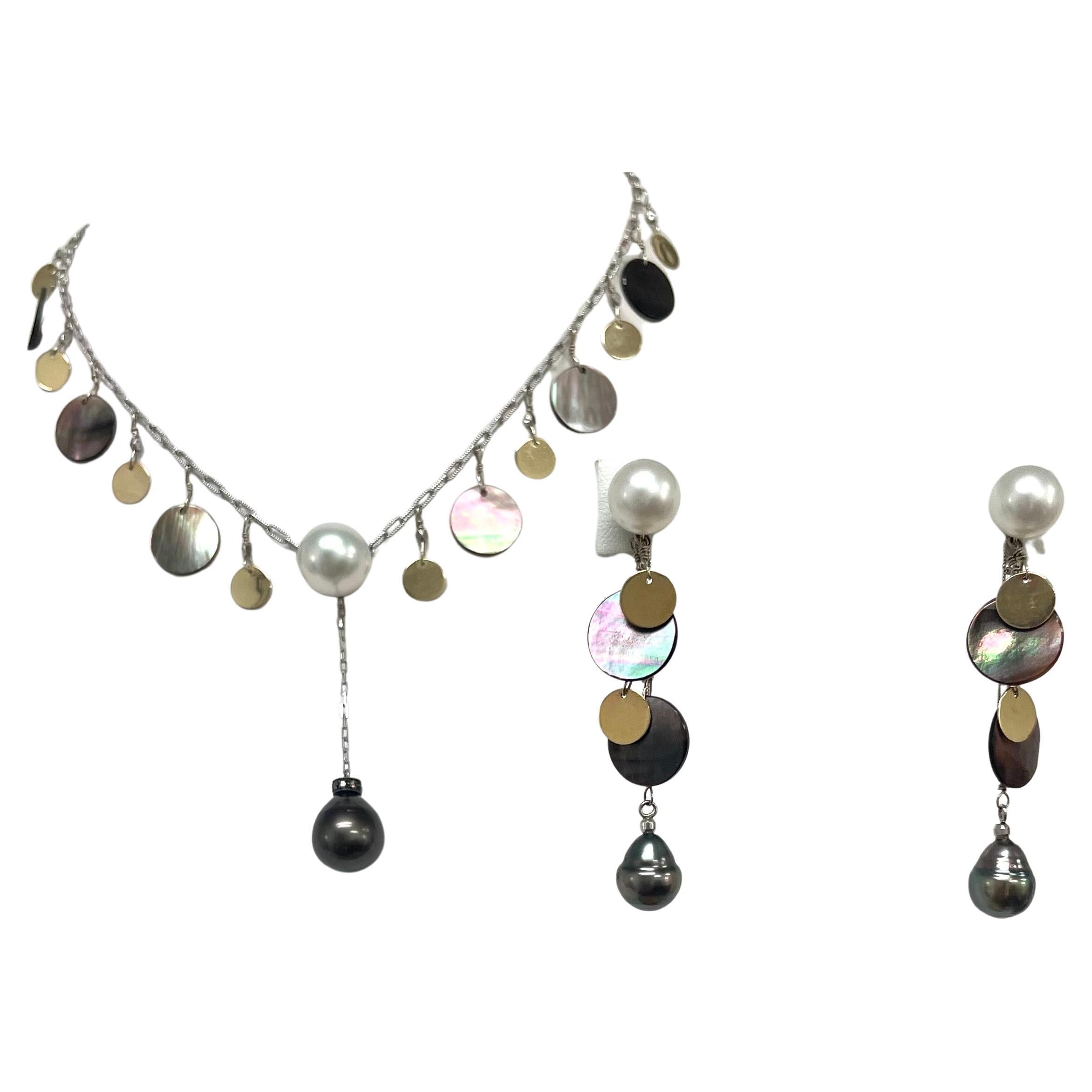 Artisan Tahitian and Freshwater Pearl with Mother of Pearl Earrings For Sale