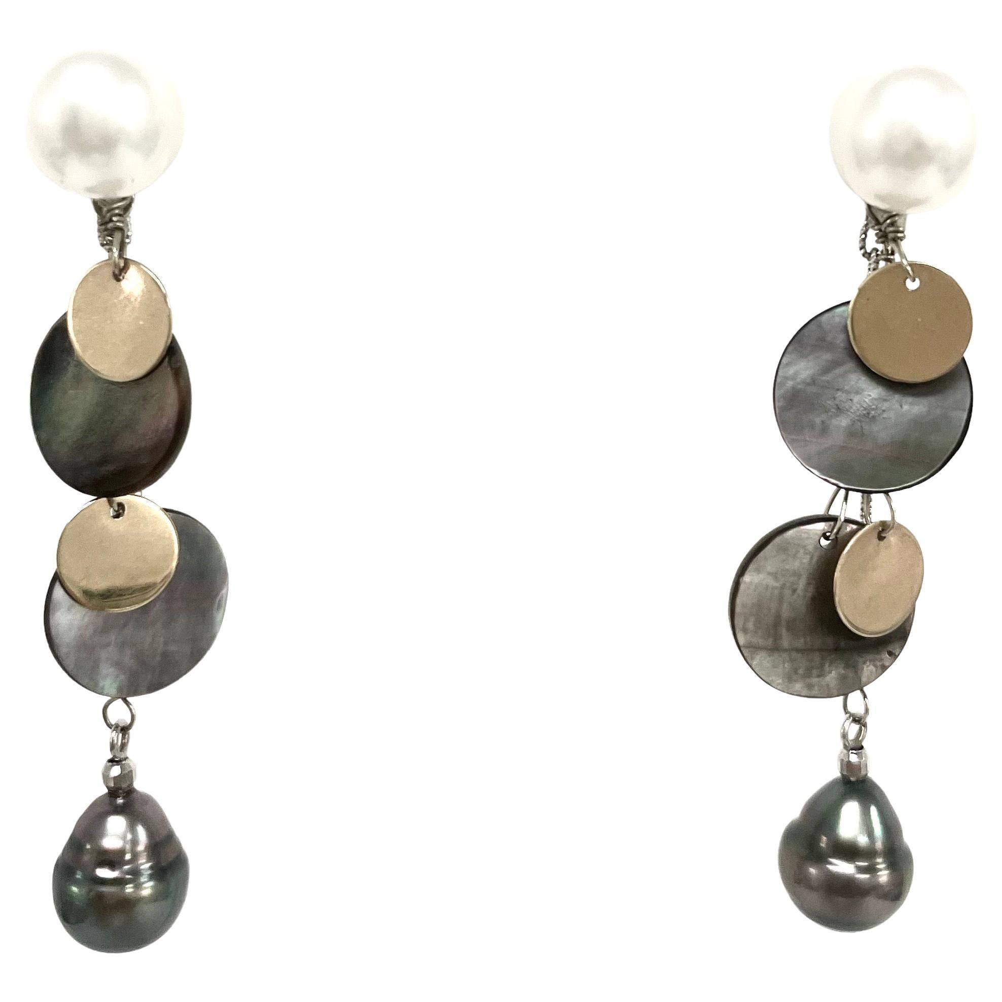 Round Cut Tahitian and Freshwater Pearl with Mother of Pearl Earrings For Sale