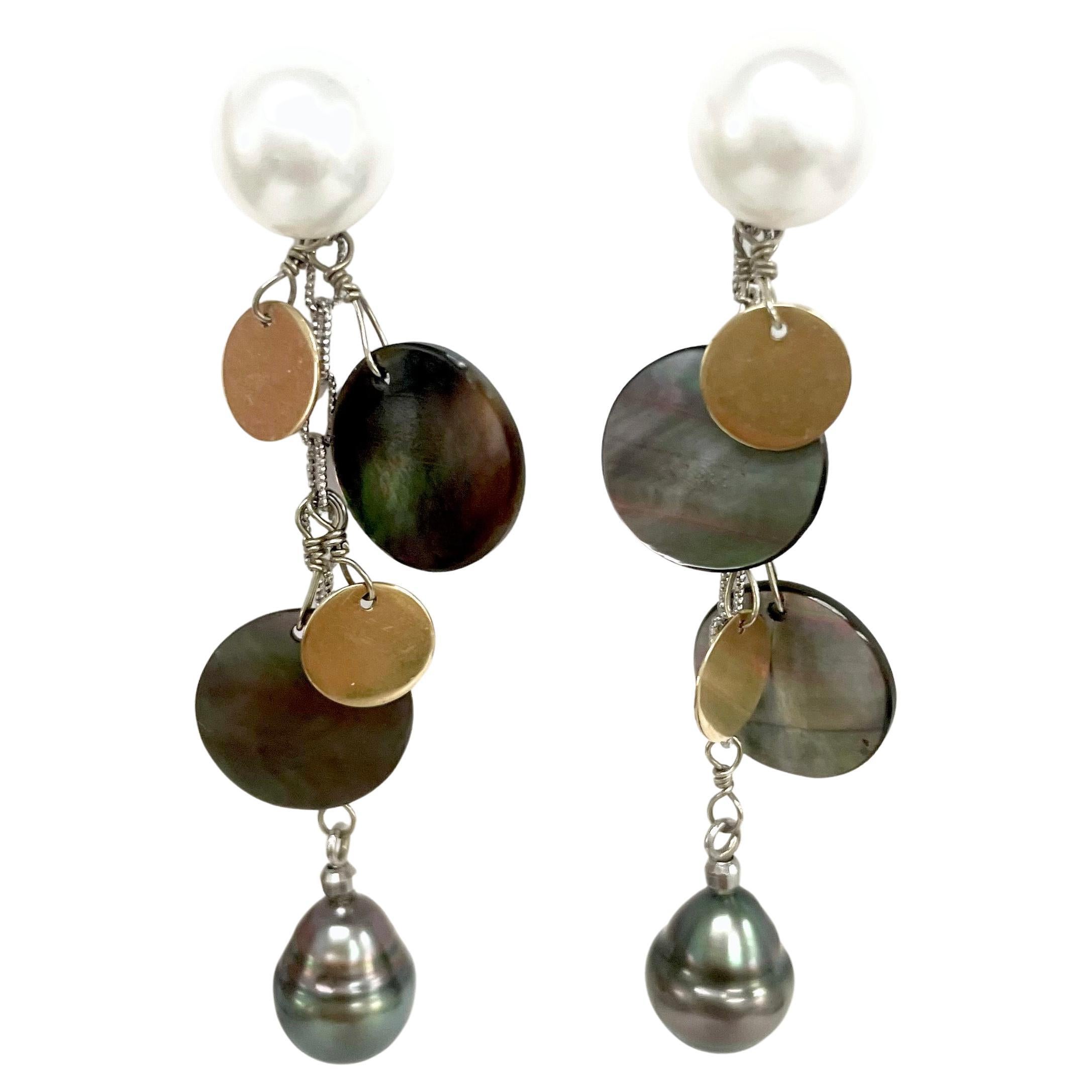 Tahitian and Freshwater Pearl with Mother of Pearl Earrings In New Condition For Sale In Laguna Beach, CA