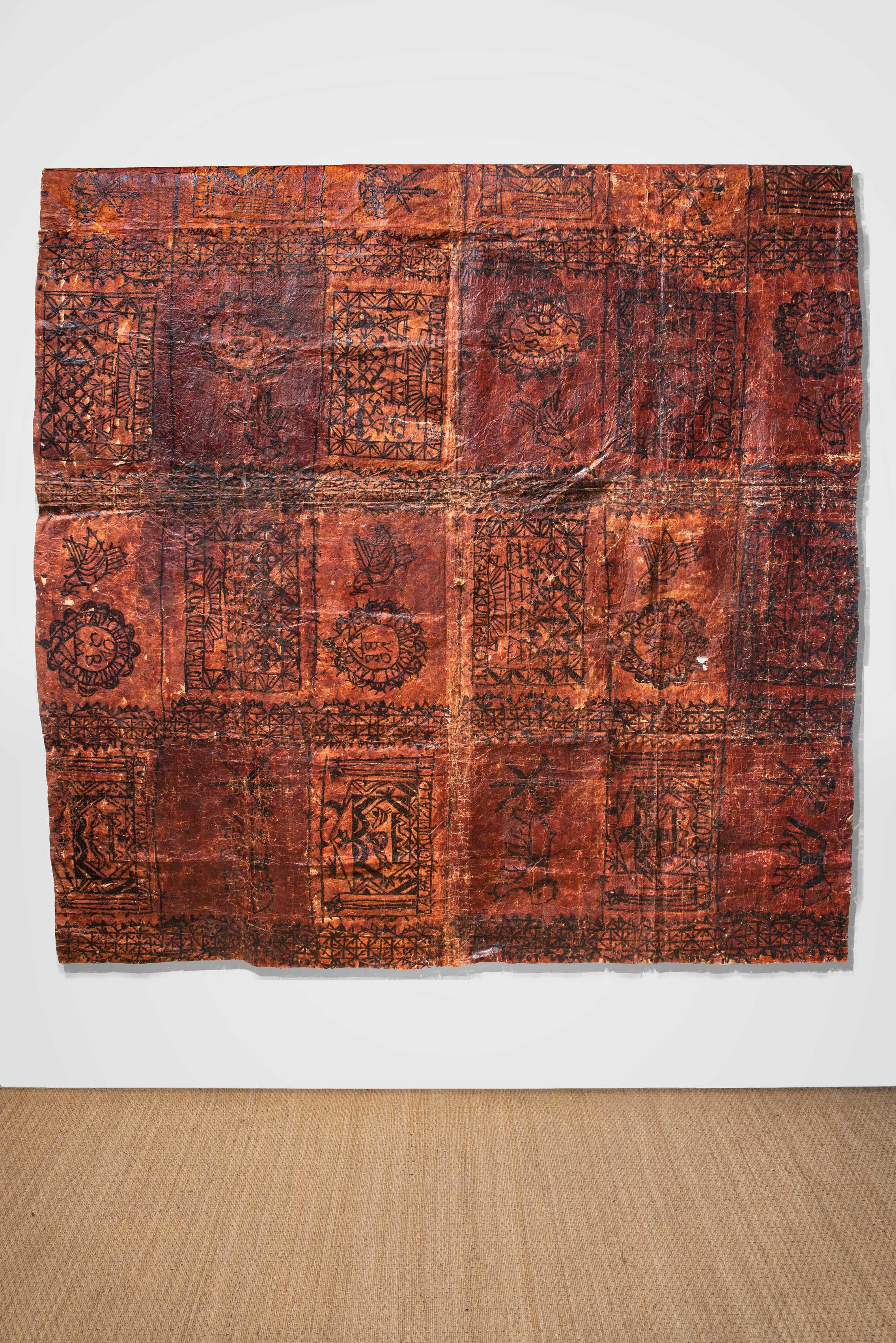 20th century Tahitian bark cloth wall hanging with bird + agrarian motifs, currently hung from aluminum mount, but could make a fantastic screen if mounted.