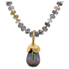 Tahitian Baroque "Eggplant" Pearl Fob in 18K Gold on Moss Aquamarine Bead Chain