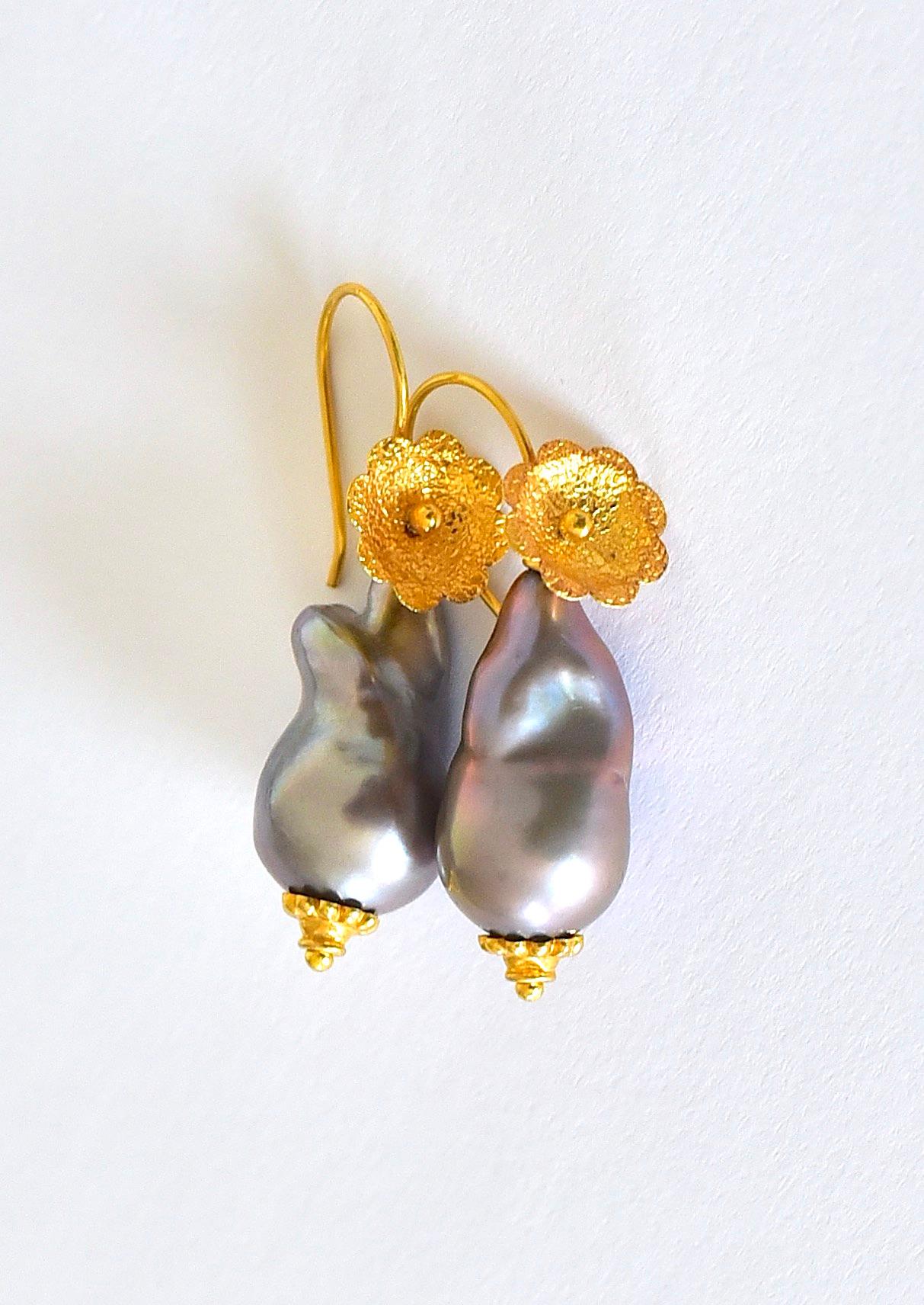 Oval Cut Tahitian Baroque Pearl Earrings in 18k Solid Yellow Gold For Sale