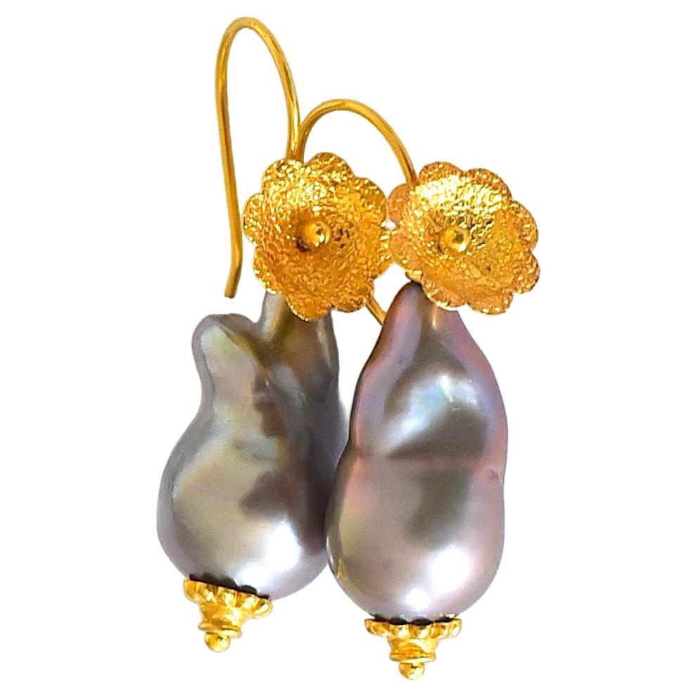 Tahitian Baroque Pearl Earrings in 18k Solid Yellow Gold
