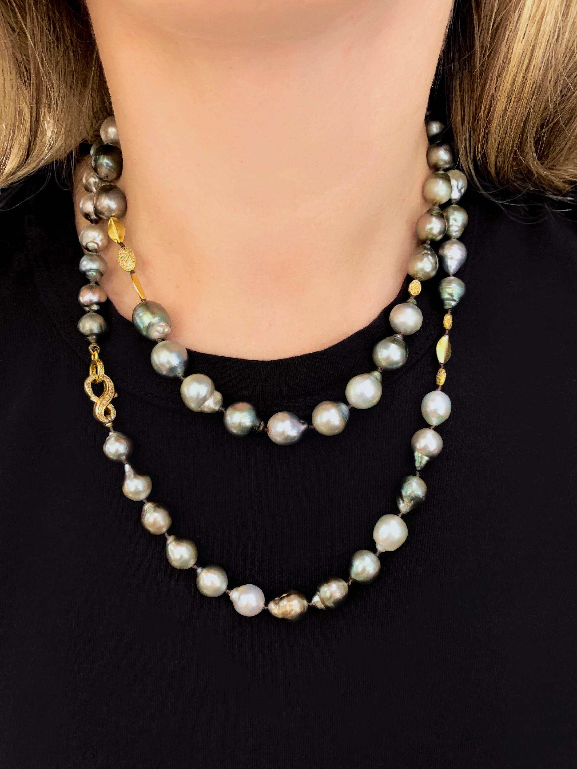 Long Tahitian Baroque Pearl Necklace handmade by jewelry designer Julie Romanenko (Just Jules) featuring an assortment of gorgeous silvery Tahitian baroque pearls with beautiful iridescence, adorned with shimmering pave diamond and solid 14k yellow