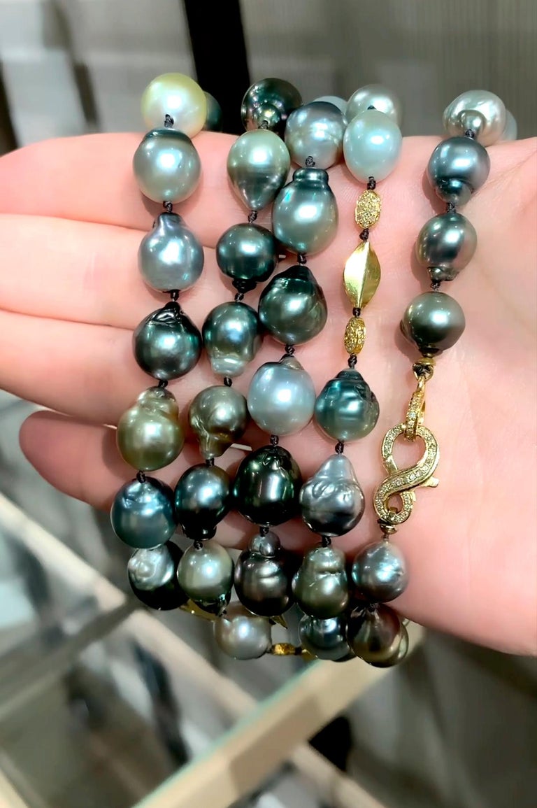 Tahitian Baroque Pearl Pave Diamond Yellow Gold Long Necklace