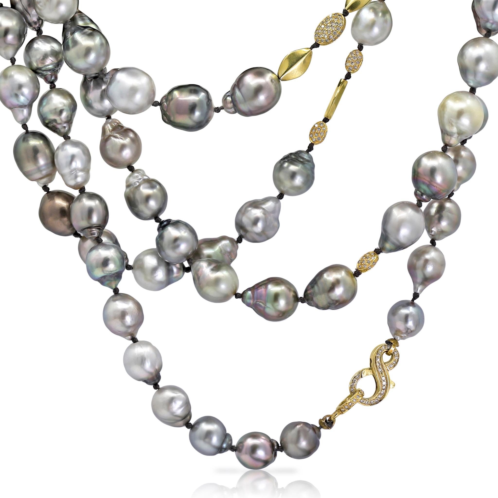 Artist Tahitian Baroque Pearl Pave Diamond Yellow Gold Long Necklace, Just Jules For Sale