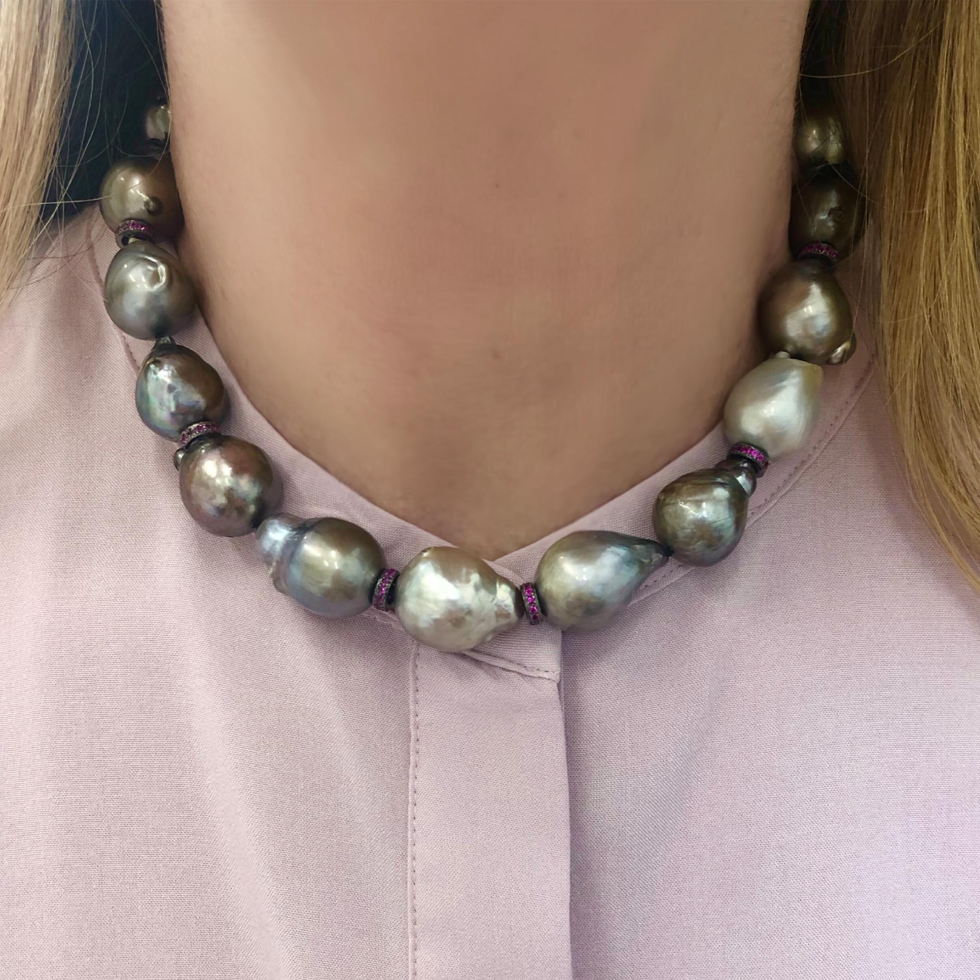 Contemporary Tahitian Baroque Pearl, Ruby and Diamond Necklace For Sale