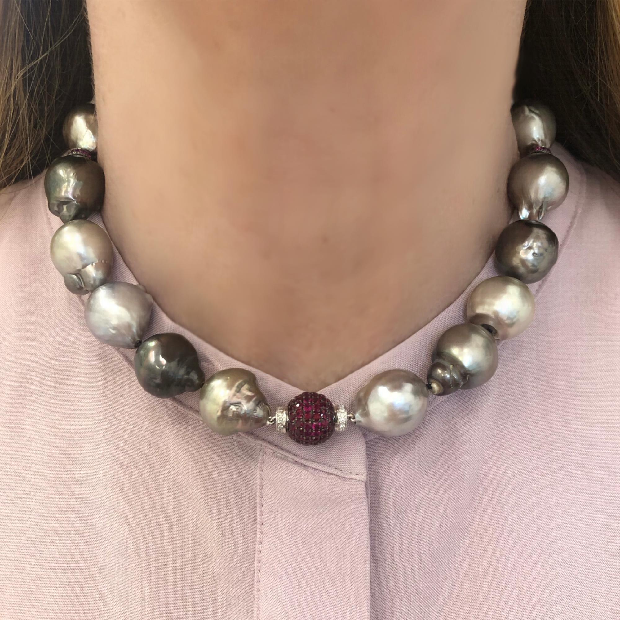 Round Cut Tahitian Baroque Pearl, Ruby and Diamond Necklace For Sale