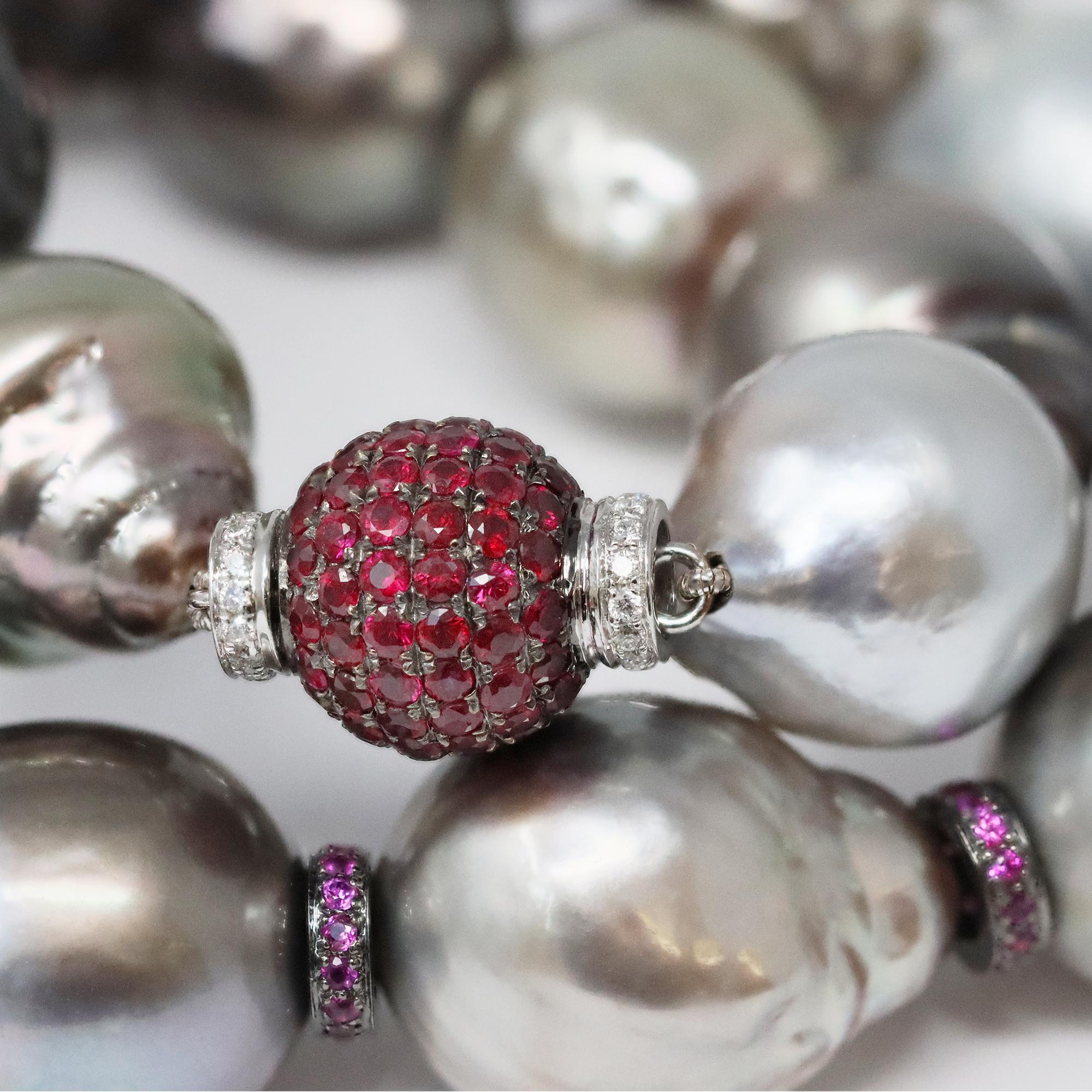 Women's or Men's Tahitian Baroque Pearl, Ruby and Diamond Necklace For Sale