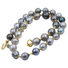 Tahitian Baroque Pearls Gray Diamonds 18K Gold Beaded Drop Necklace Bridal Gift
