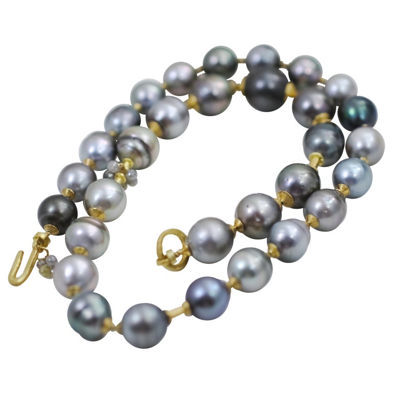 Tahitian Baroque Pearls Gray Diamonds 18K Gold Beaded Drop Necklace Bridal Gift For Sale