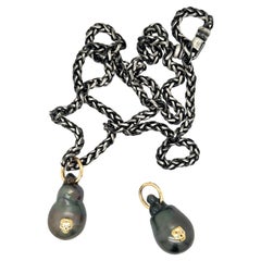 Tahitian Black Baroque Pearl Pendant Yellow Gold Diamond Skull Sterling Silver