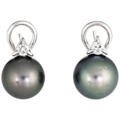 Tahitian Black Cultured Pearl Diamond Earrings Estate 14 Karat White Gold Studs