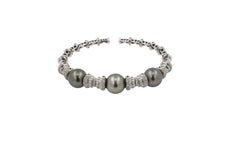 Tahitiano Negro Gris Oscuro Perla Diamante Pave Set Oro Blanco Brazalete Brazalete