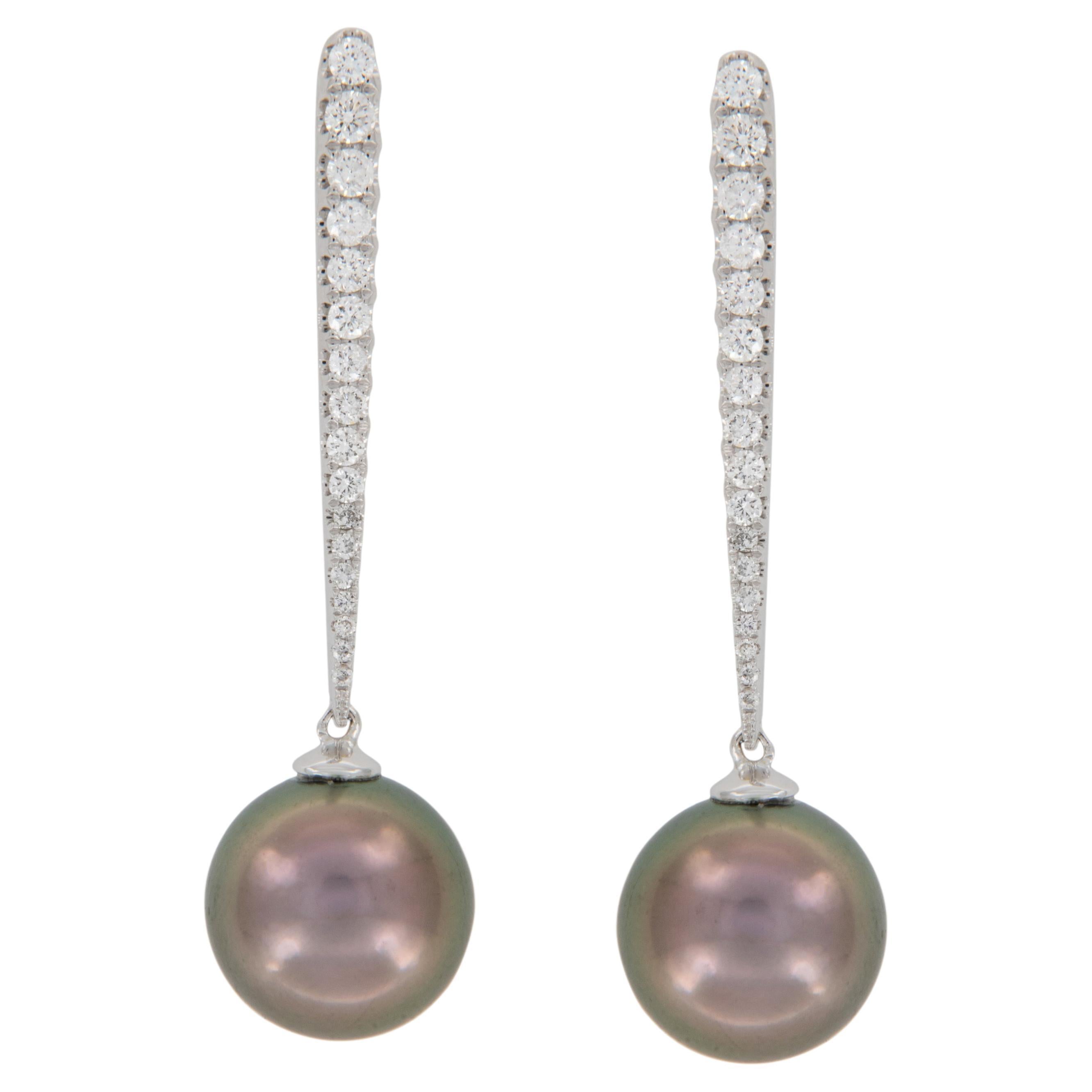 Tahitian Black Pearl and .043 Cttw Diamond 18 Karat White Gold Drop Earrings For Sale