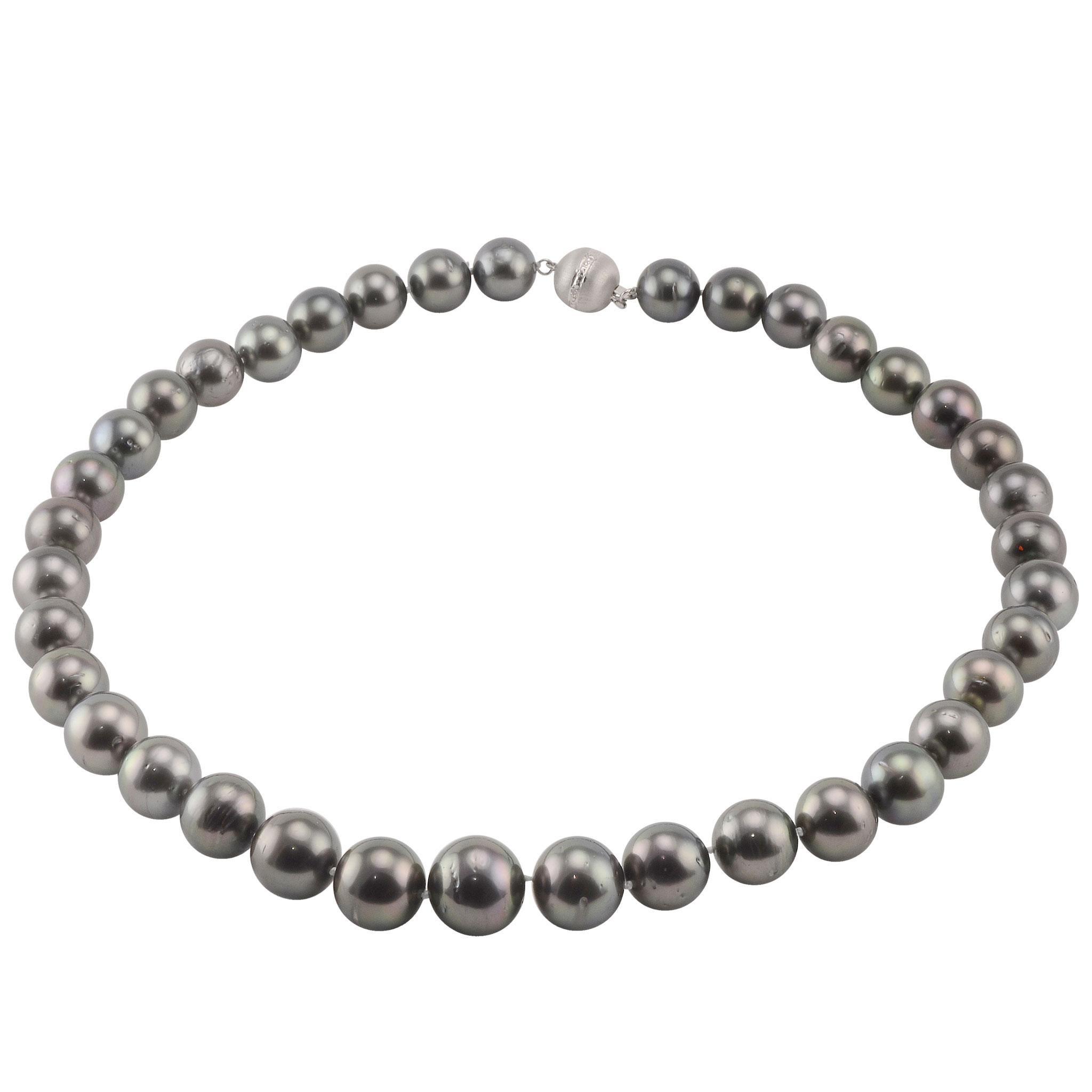 Estate Tahitian black pearl and diamond necklace. This necklace has a single strand of Tahitian cultured black pearls at approximately 11-14mm each with a 14 karat white gold ball clasp featuring a circle of diamonds. These Tahitian pearls have good