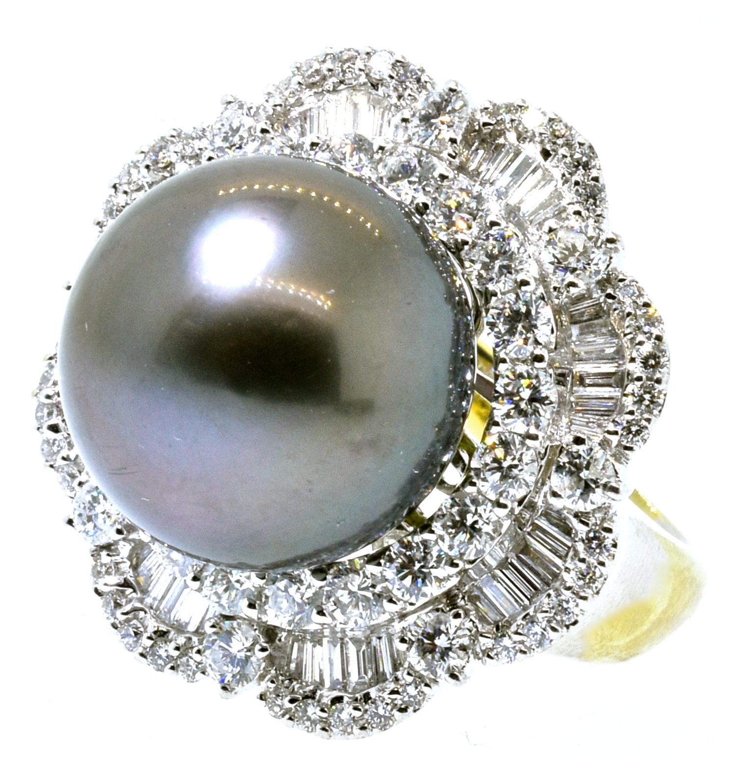 Contemporary Tahitian Black Pearl and Diamond Ring