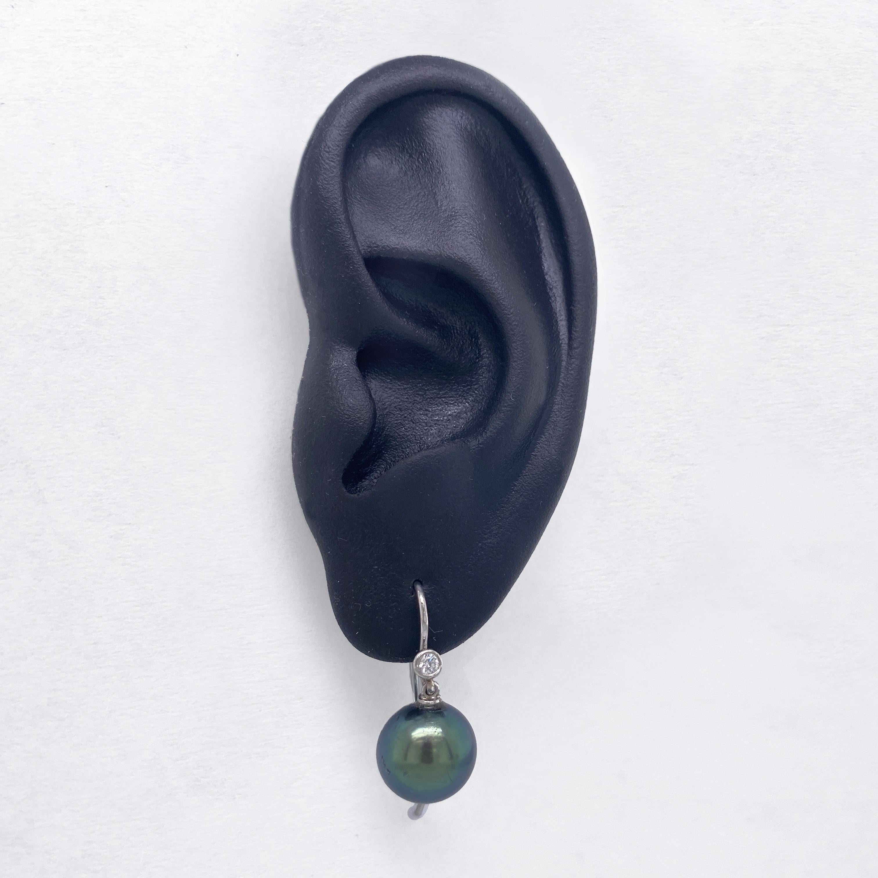 11mm Tahitian Black Pearl and Diamond Shepherds Hook Earrings in White Gold For Sale 3