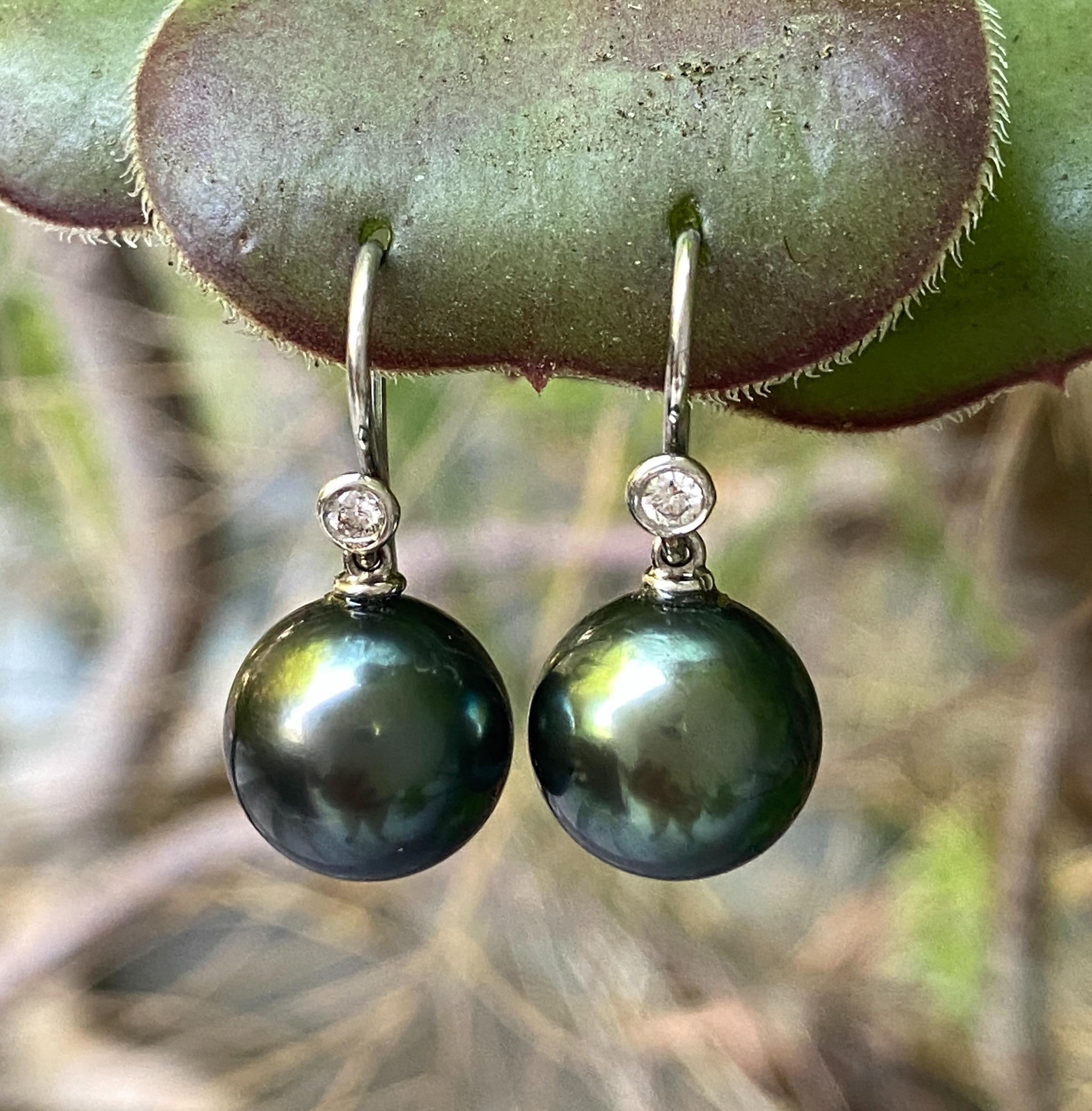 These simple, elegant wire drop earrings by Eytan Brandes feature two Tahitian pearls that Eytan purchased in Tahiti several years ago.  They are absolutely beautiful, very dark, very rich green shimmering with blue and purple undertones.  The
