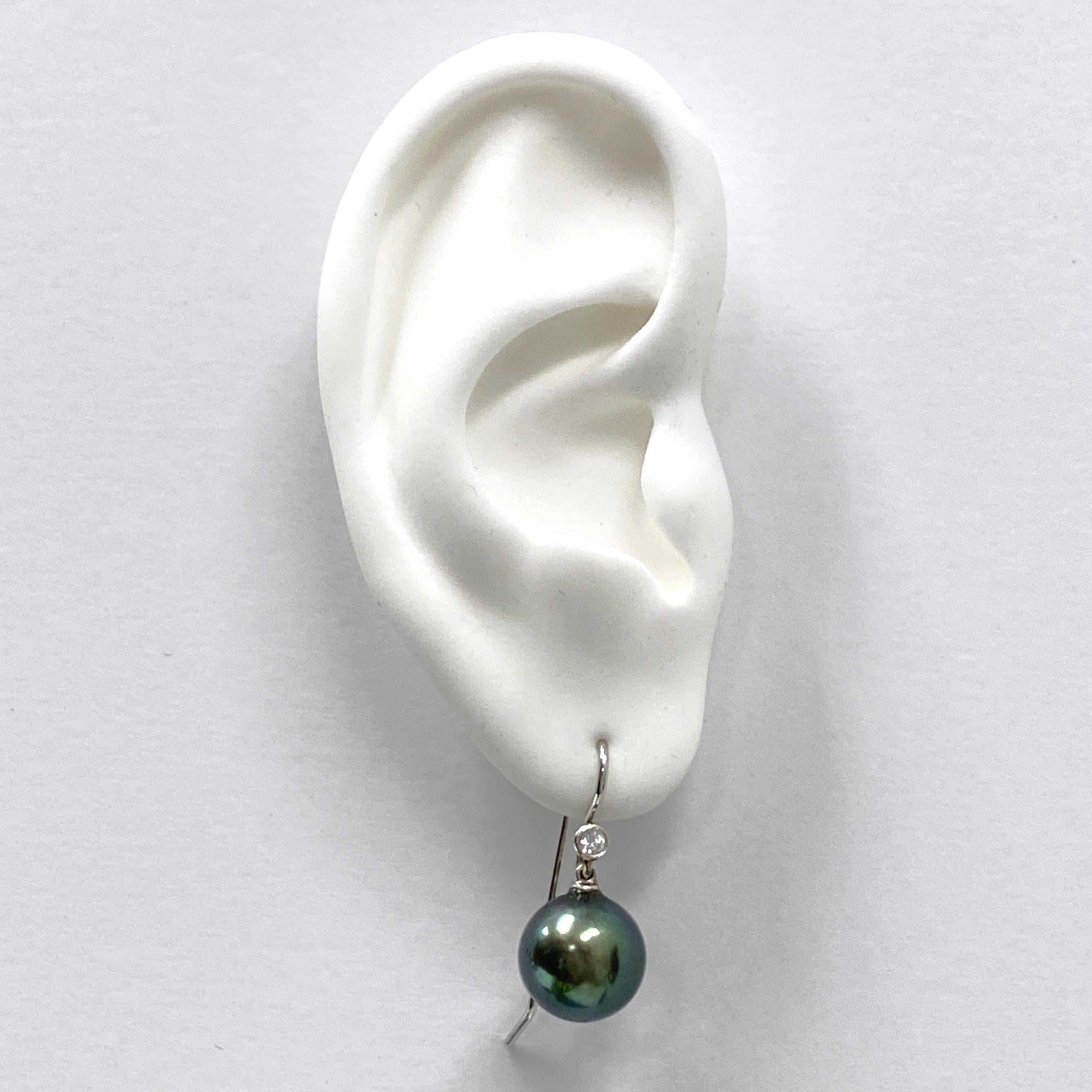 11mm Tahitian Black Pearl and Diamond Shepherds Hook Earrings in White Gold For Sale 2