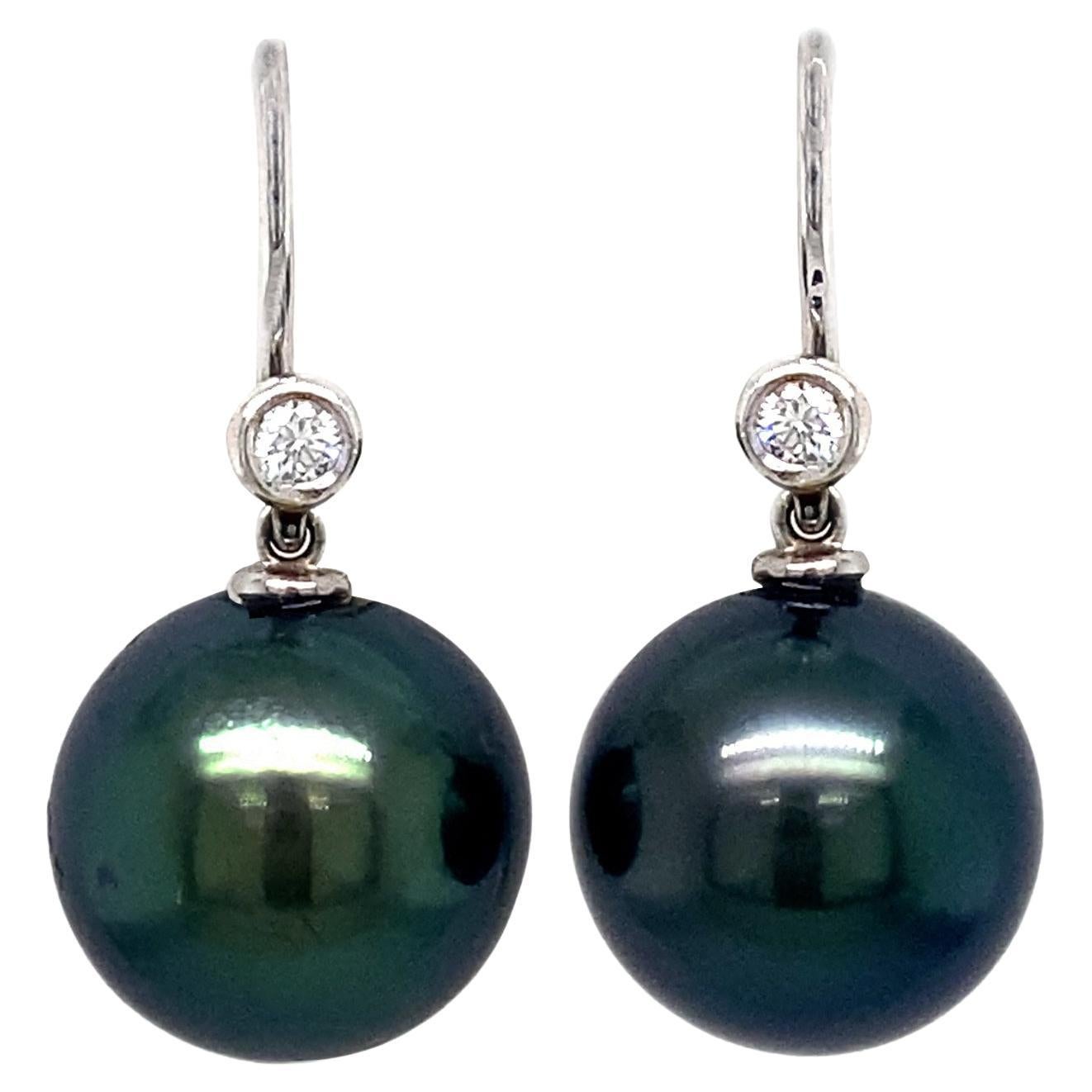 11mm Tahitian Black Pearl and Diamond Shepherds Hook Earrings in White Gold