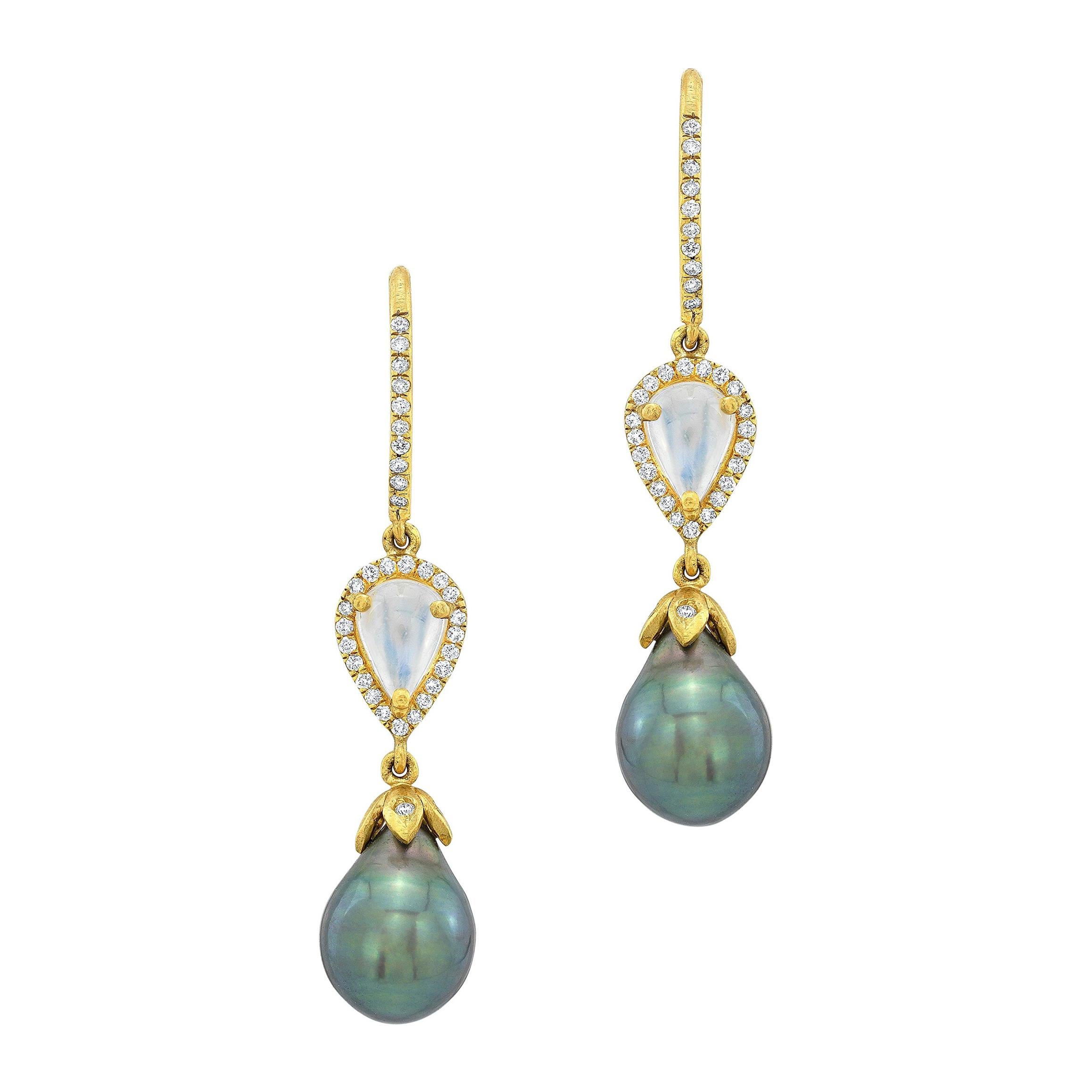Tahitian Black Pearl and Moonstone Earrings with Diamond Pave in 18k Yellow Gold