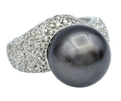 Tahitian Black Pearl and Pavé Diamond Cocktail Ring in 14 Karat White Gold