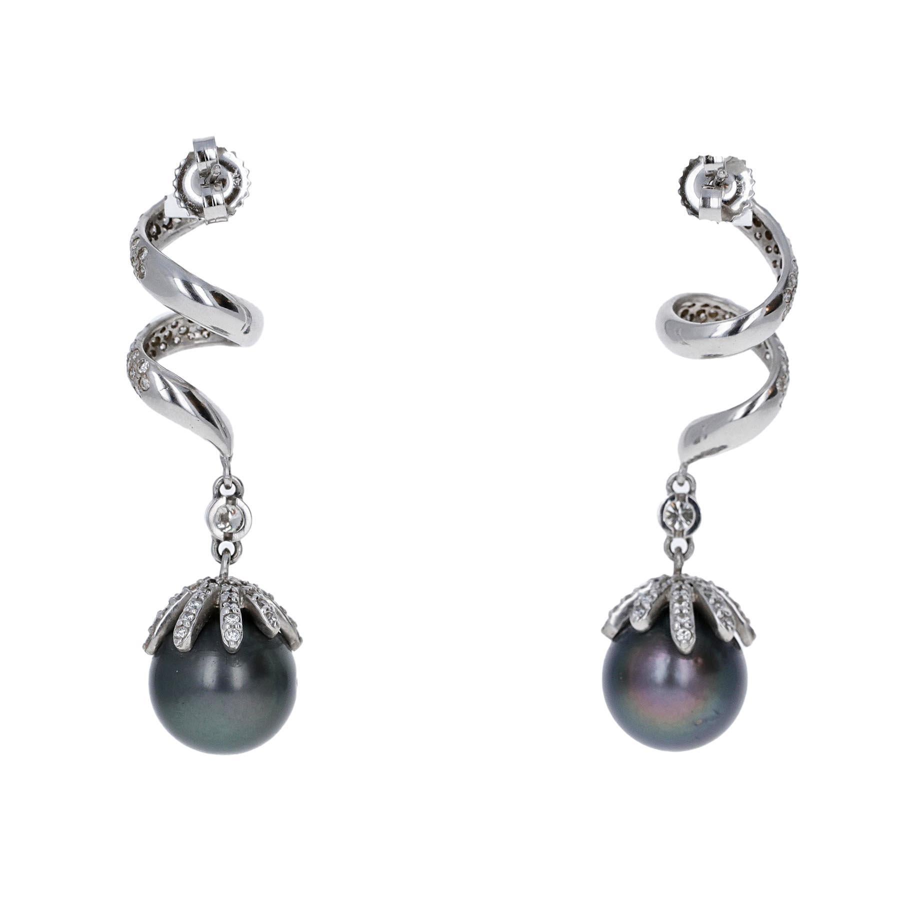 Contemporary Pearl and Diamond Drop Dangle Earrings 14K White Gold