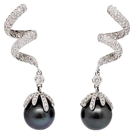Pearl and Diamond Drop Dangle Earrings 14K White Gold