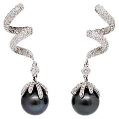 Pearl and Diamond Drop Dangle Earrings 14K White Gold