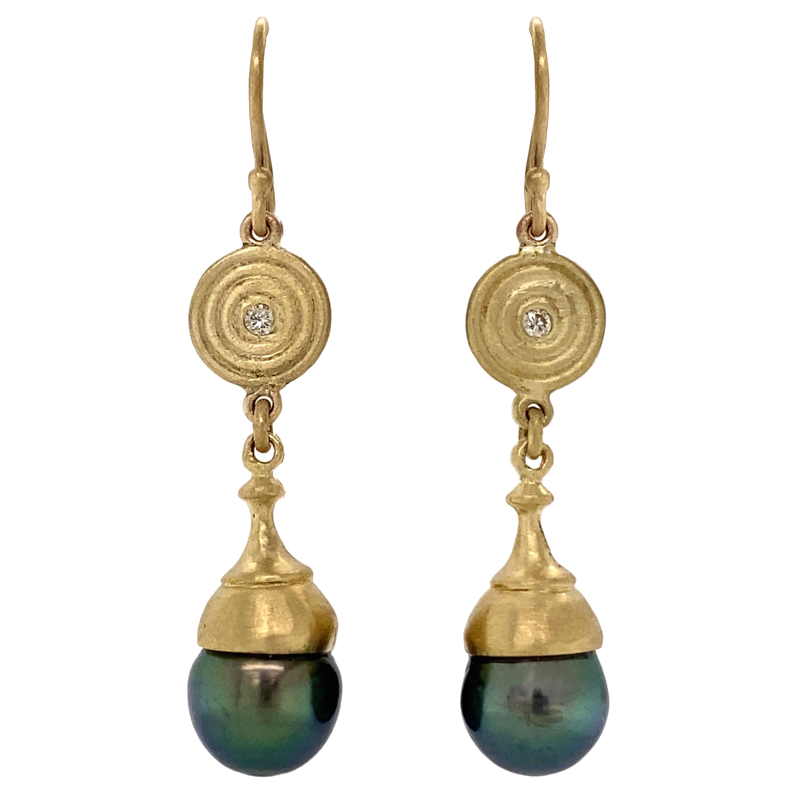 Pendientes de Gota de Perla Negra de Tahití "Ojo de Buey" en Oro de 18 Kilates con Diamantes