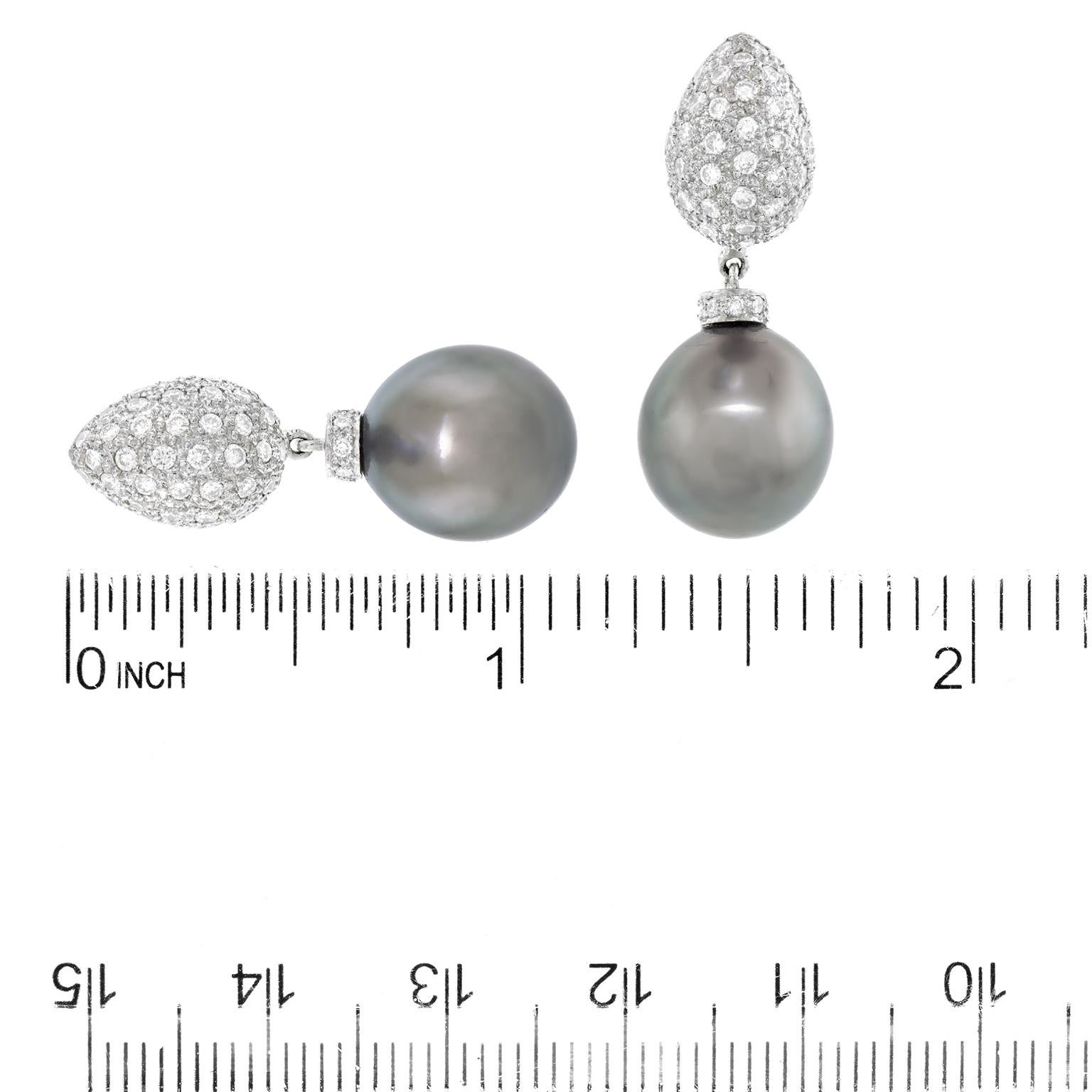 Round Cut Tahitian Black Pearl & Diamond Earrings For Sale