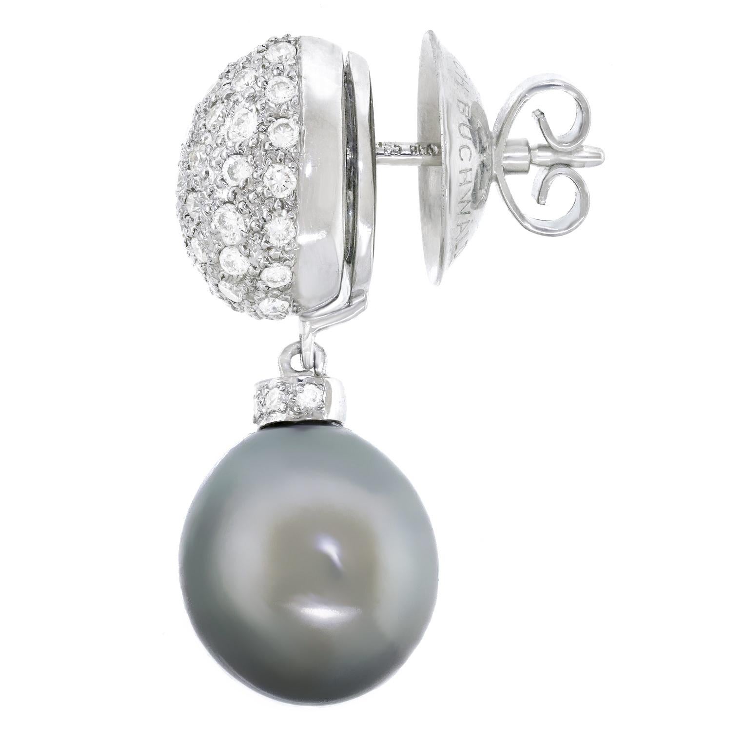 Tahitian Black Pearl & Diamond Earrings In Excellent Condition For Sale In Litchfield, CT