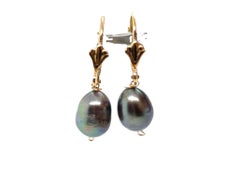 Tahitian Black Pearl Drop Earrings Leverback 14K Yellow Gold 9mm Brand New