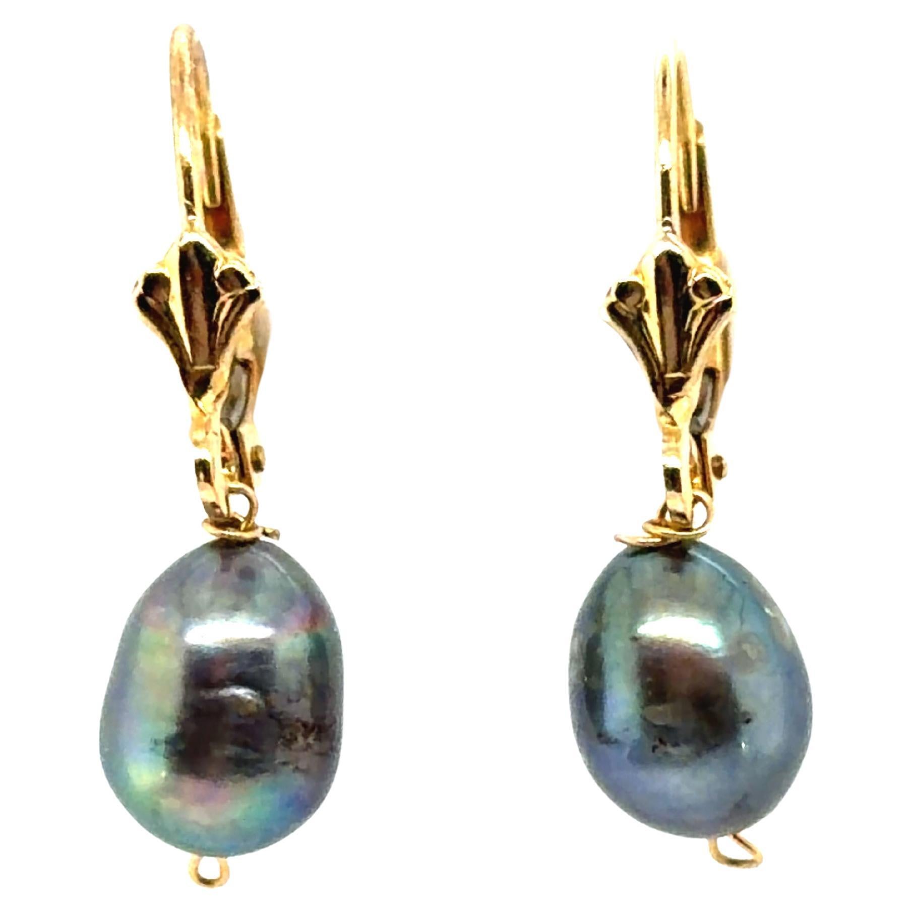 Tahitian Black Pearl Drop Earrings Leverback 14K Yellow Gold 9mm Brand New